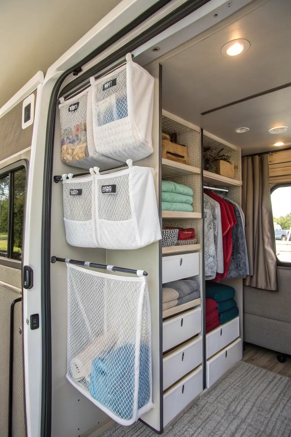 Overhead storage webbing efficiently uses ceiling space inside an RV closet.