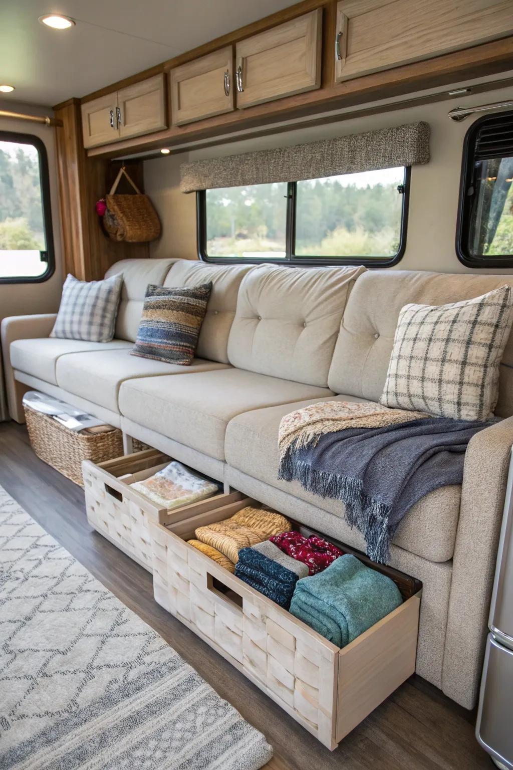 Furniture with built-in sections for discreet laundry storage in an RV.