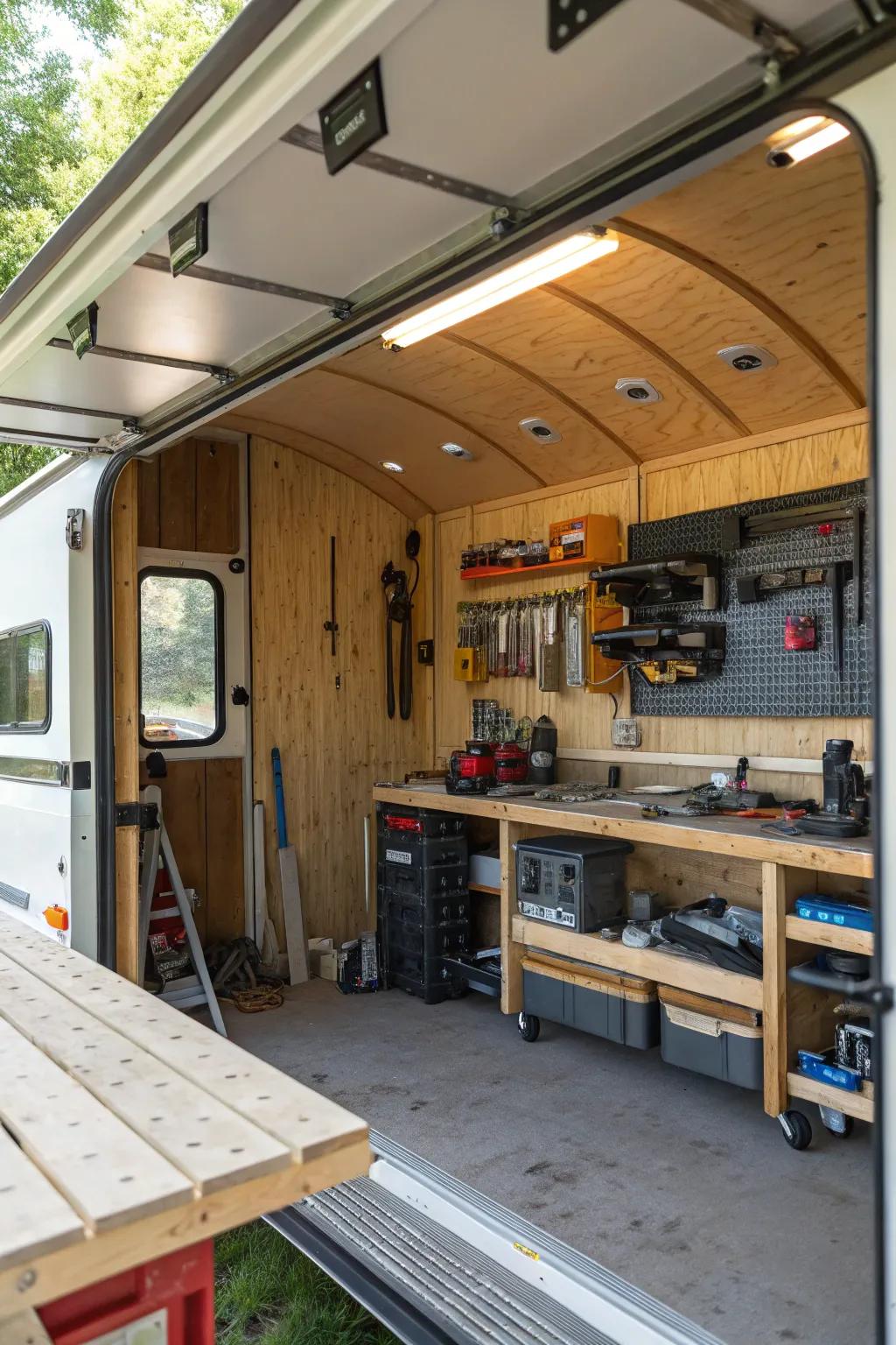 A multi-use RV shed, combining storage with creative space.