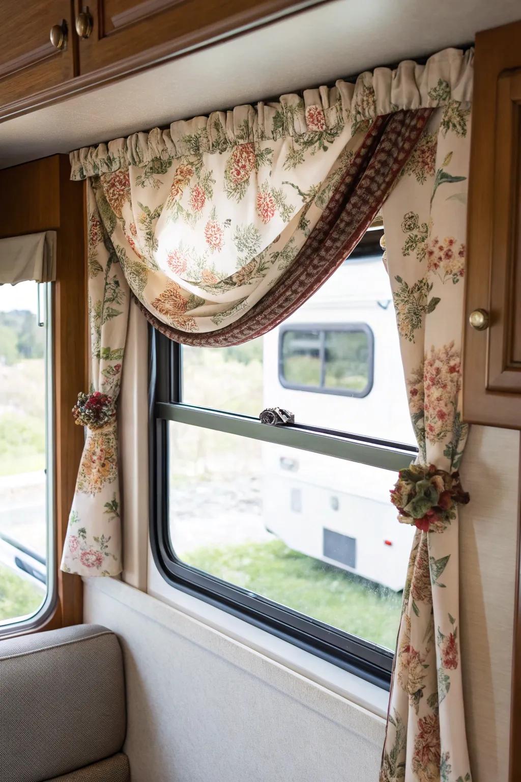 Drapes add an ornamental border to RV windows, which improves style.