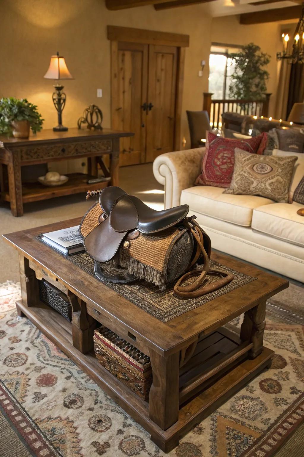 An equine seat centerpiece introduces rugged charm to this living room's coffee table.