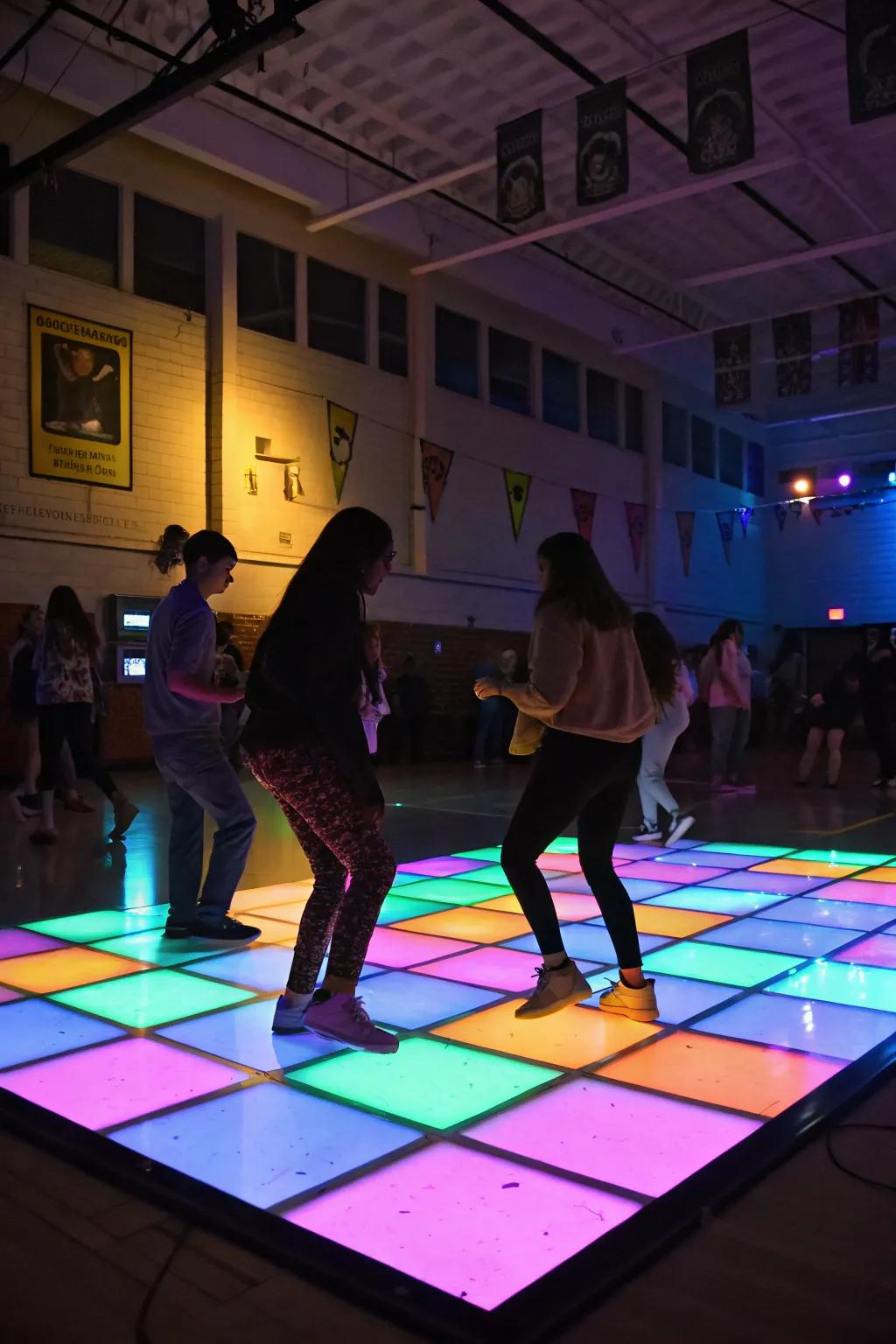 An inviting radiant dance space featuring shifting colors.