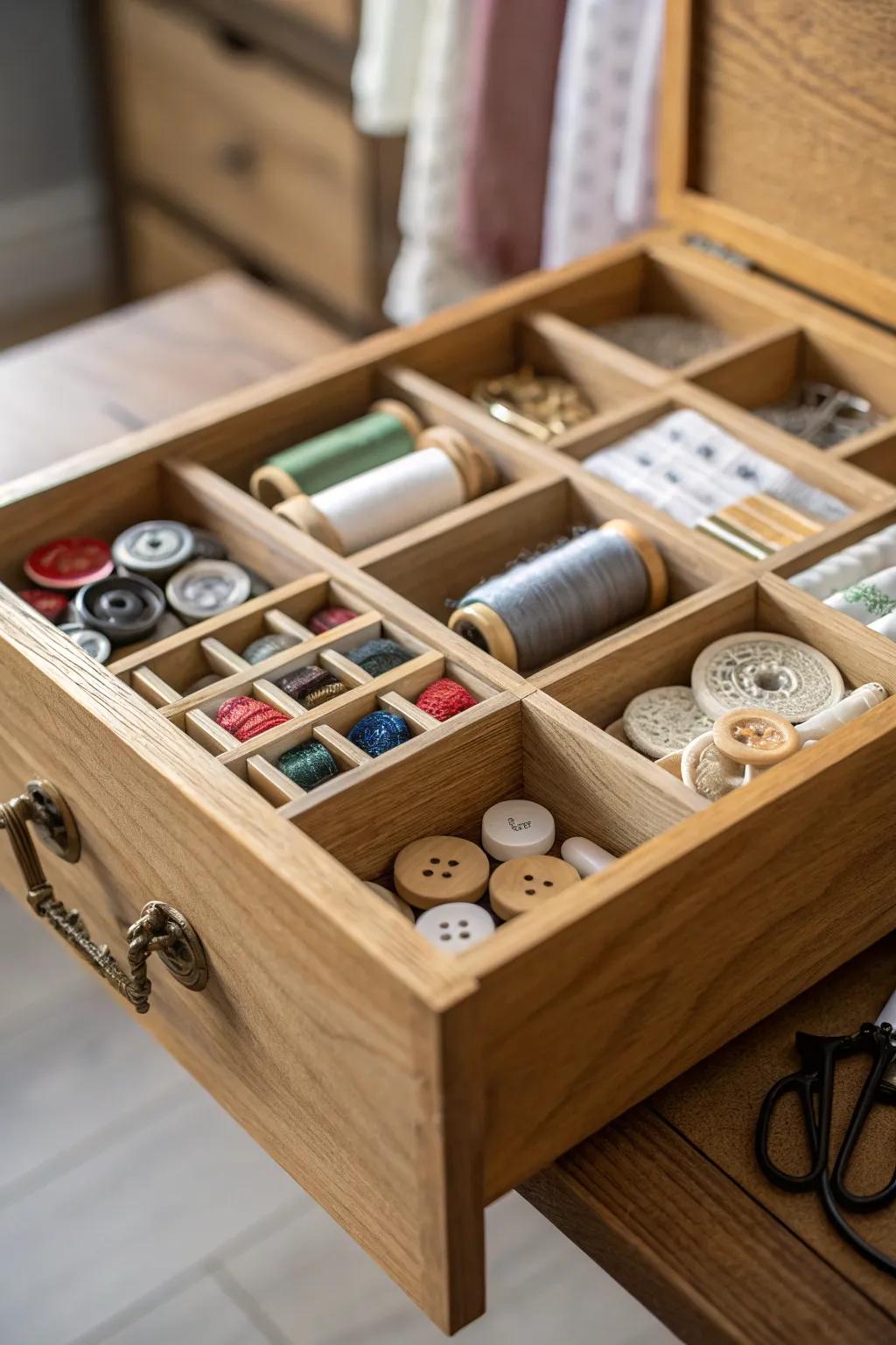 Drawer separators maintain small items organized.