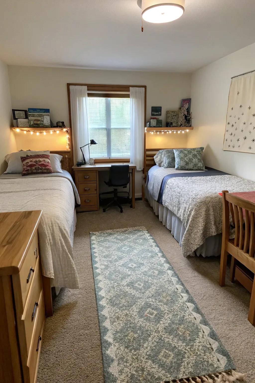 An area rug subtly defines personal spaces in a shared room.