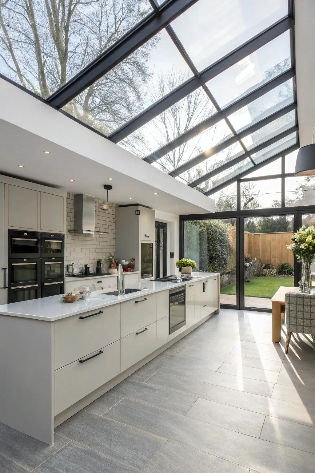 Vitreous panels enhance brightness and style in a contemporary culinary space.