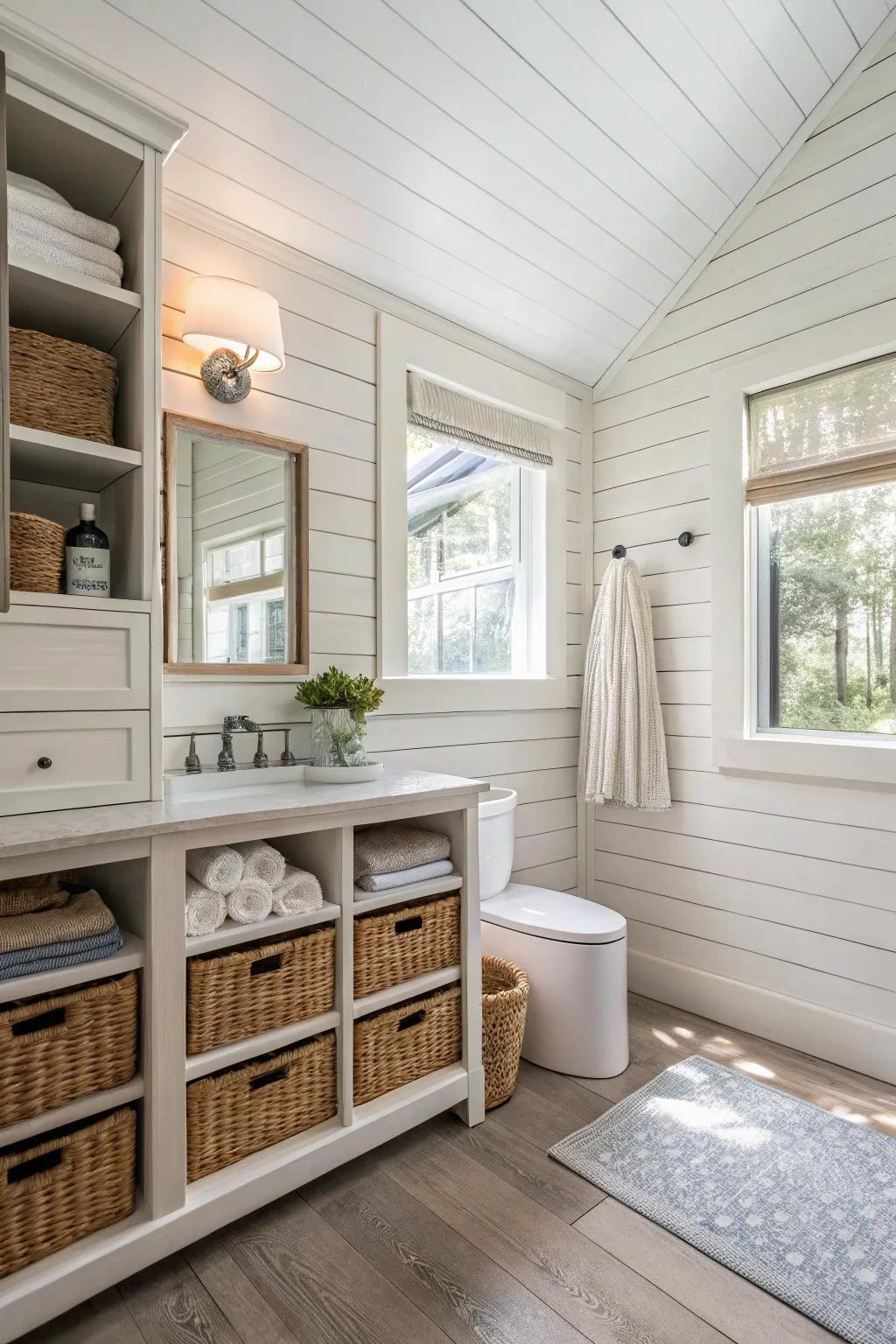 A bathroom featuring panel walls with hidden storage.