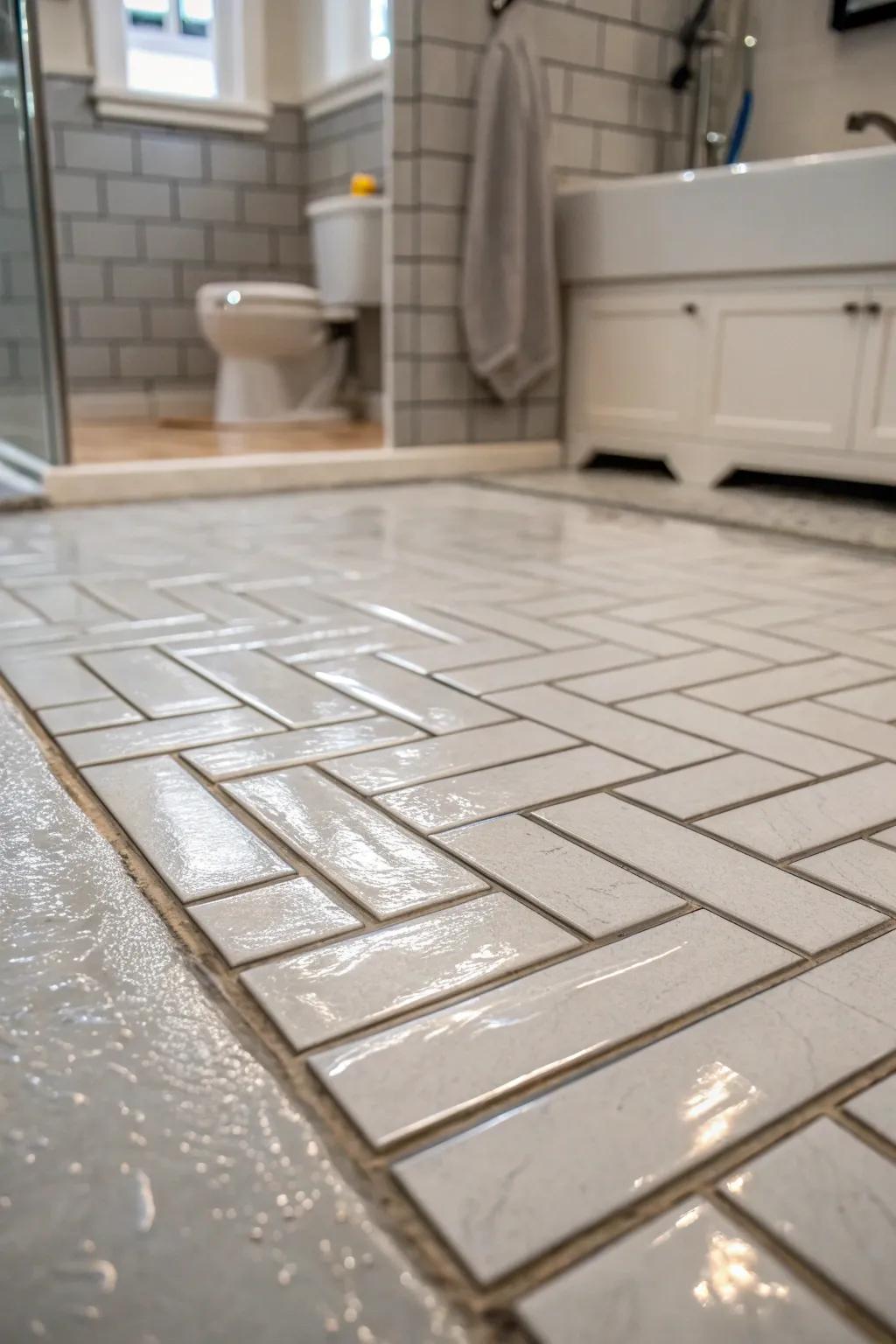 Parquet patterns bring timeless elegance to your shower design.