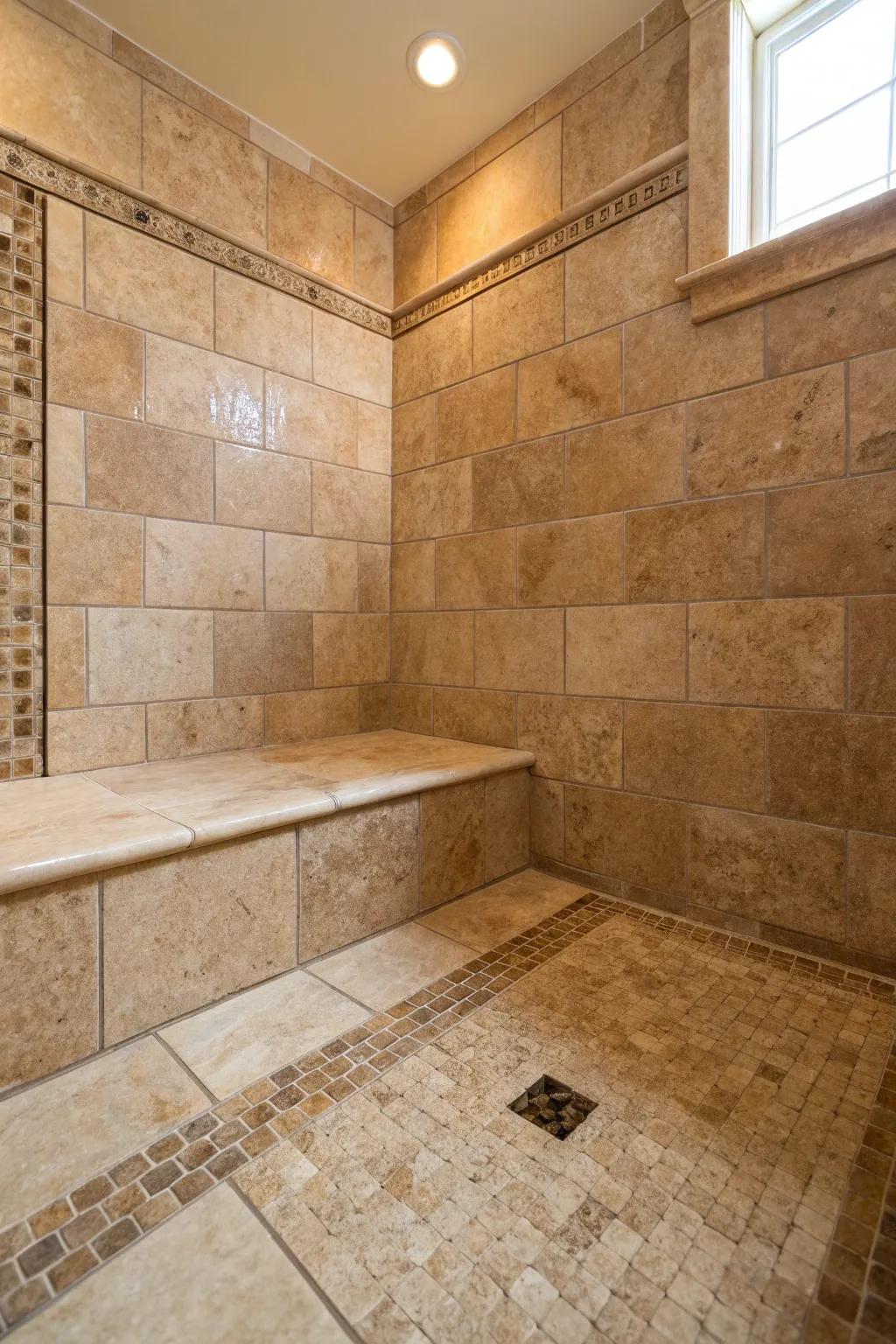Textured limestone tiles in earthy shades fashion a serene, spa-like ambiance on this shower base.
