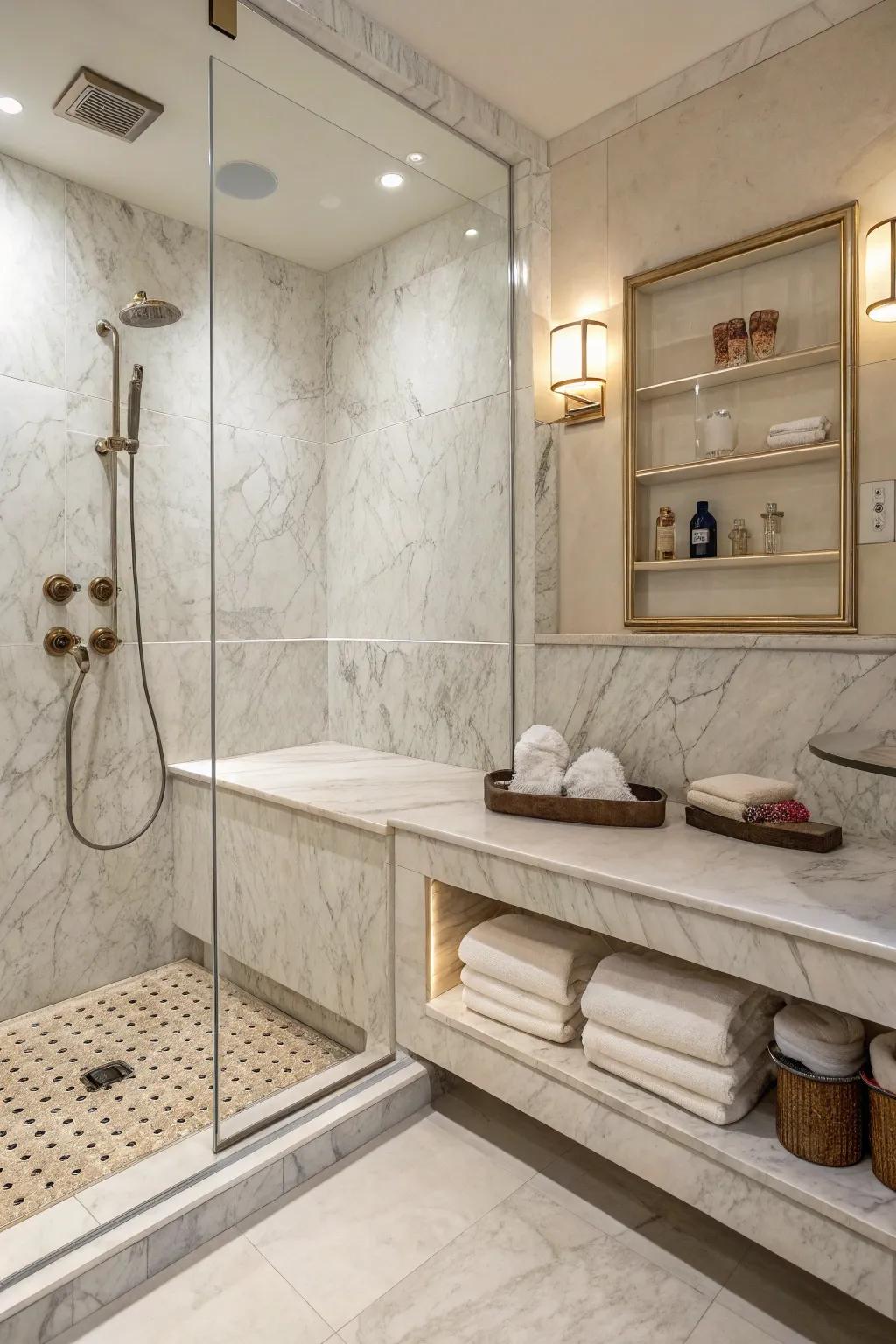 Shower benches deliver comfort and supplementary storage options.