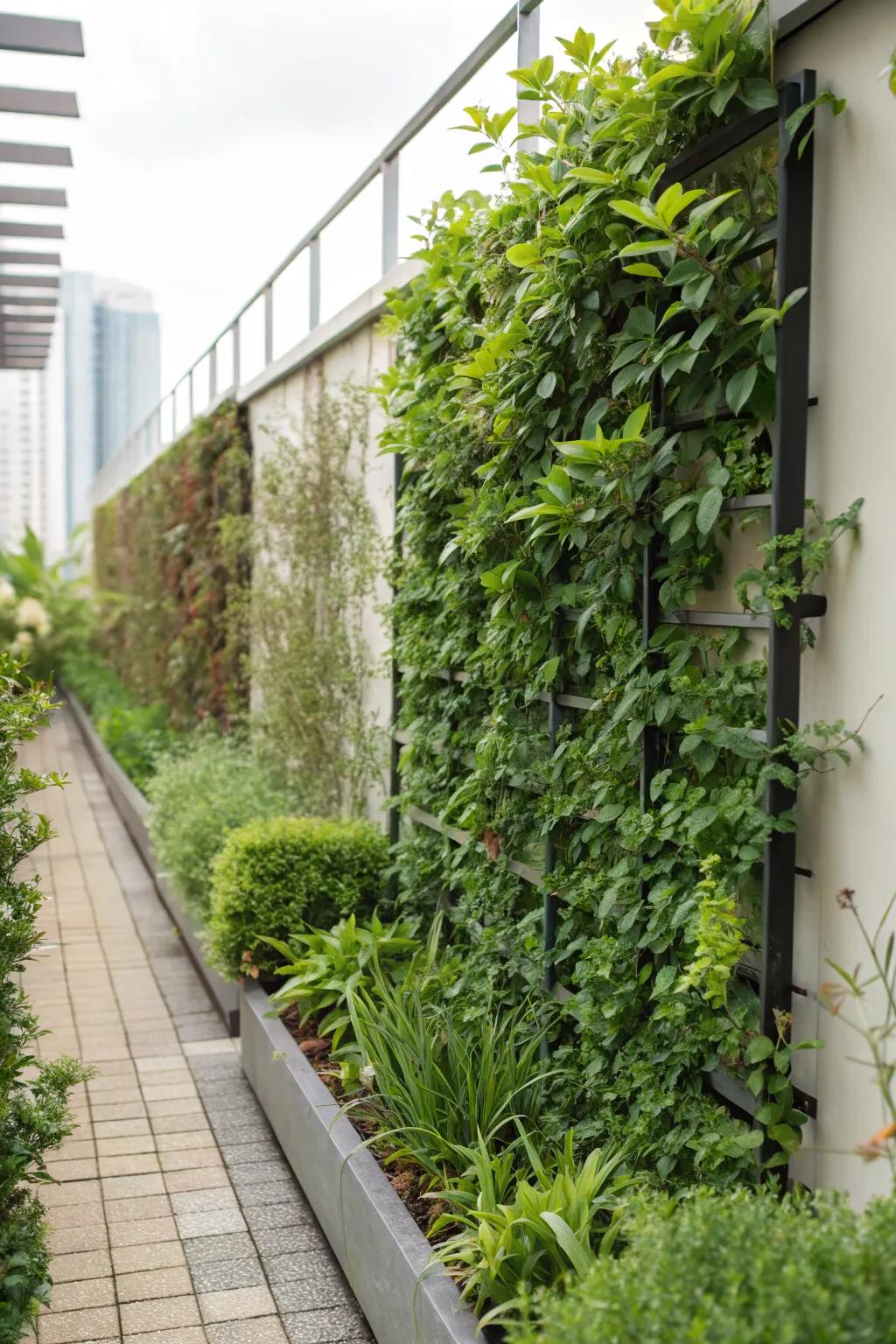 Climbing shrubs create a surprising vertical garden feature.