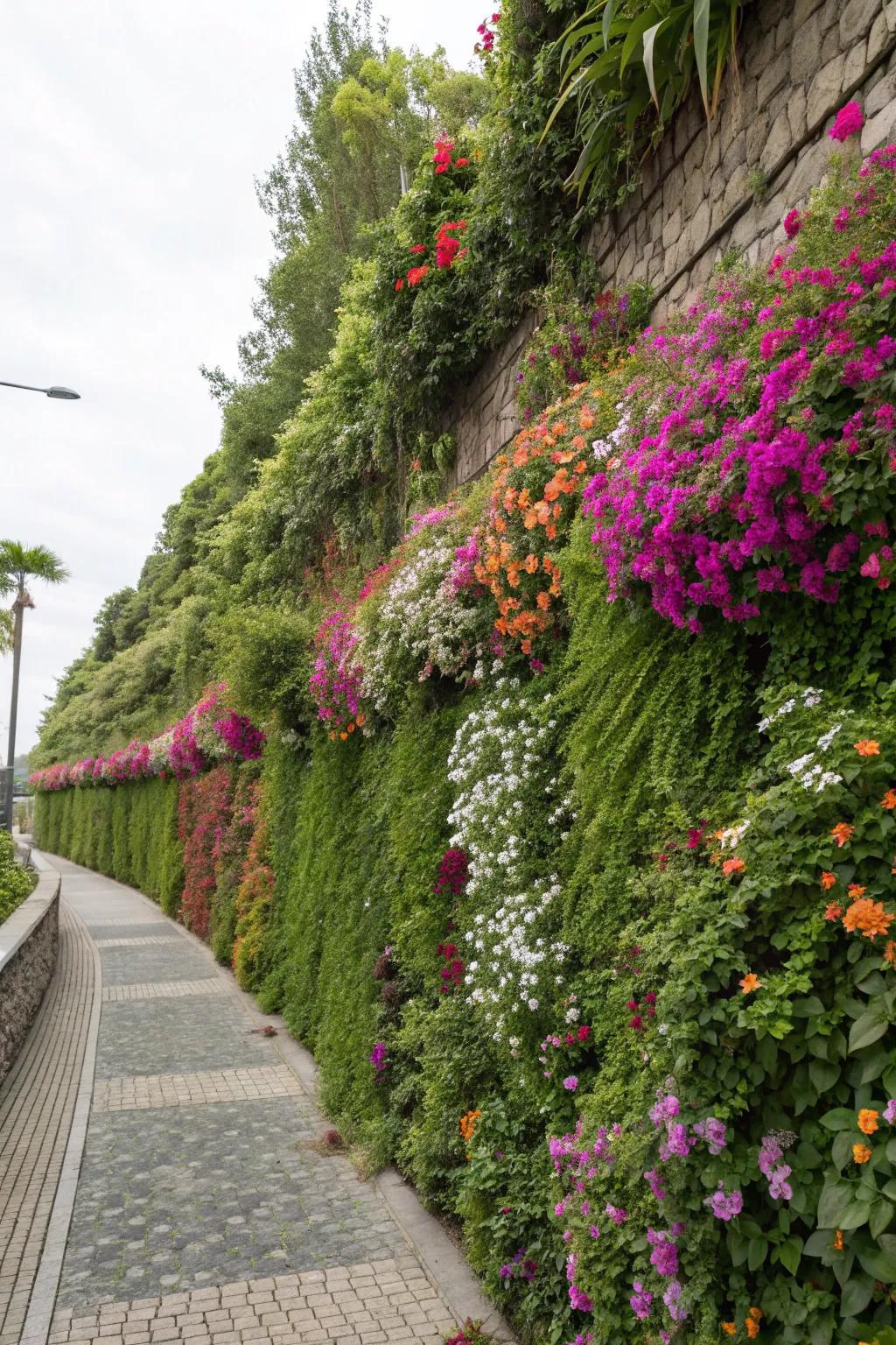 A vertical flower bed wall maximizes space through vibrant, cascading flora.