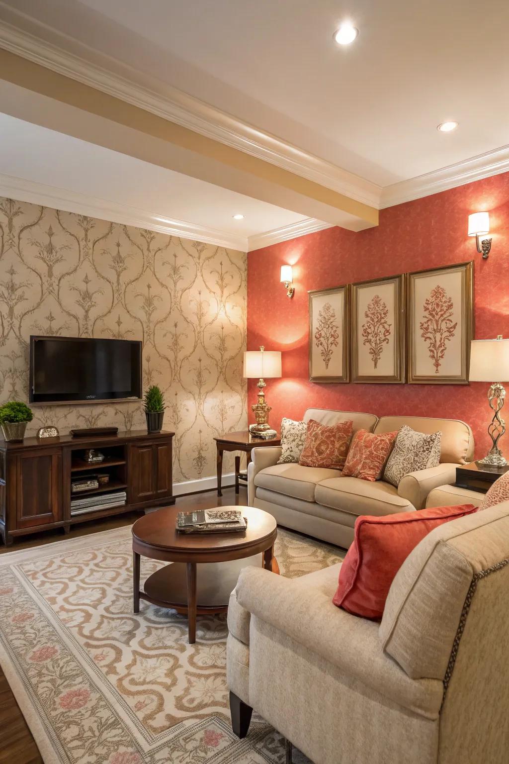 A feature wall adds character and depth to the living space.