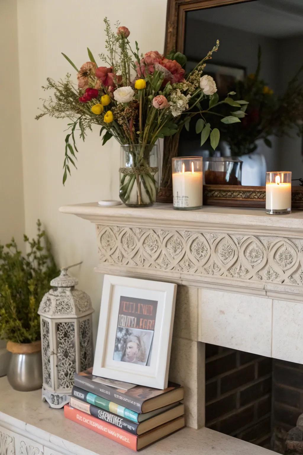Non-symmetry contributes a modern and dynamic feel to this mantel.