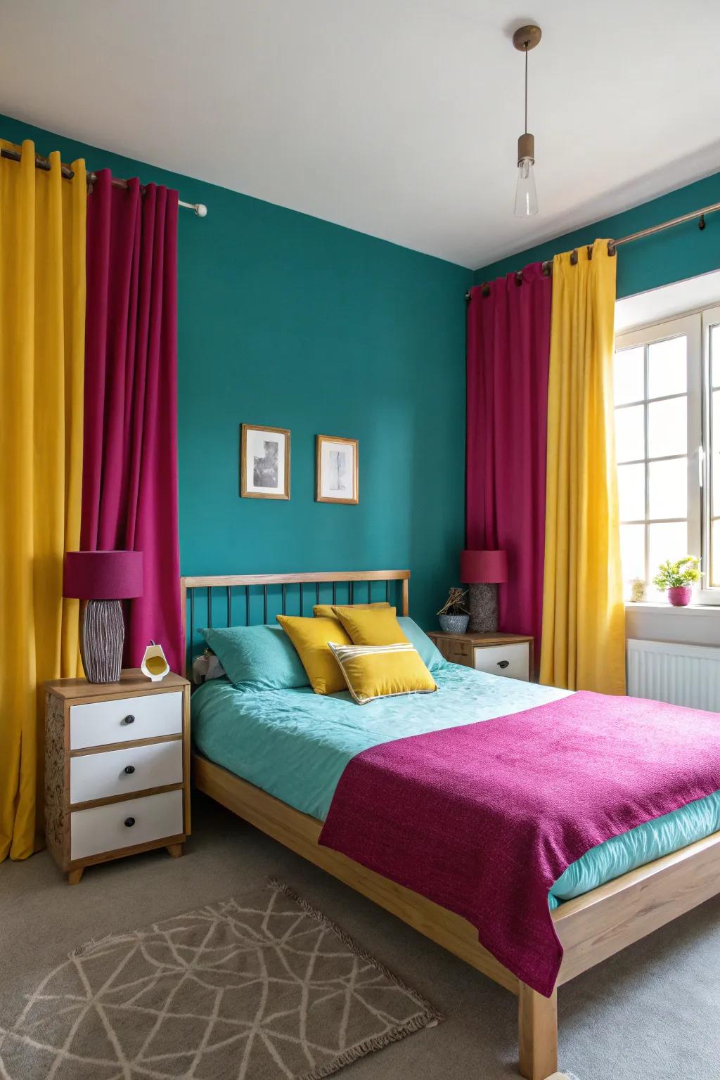 Unusual color schemes designed for a distinct, lively bedroom.