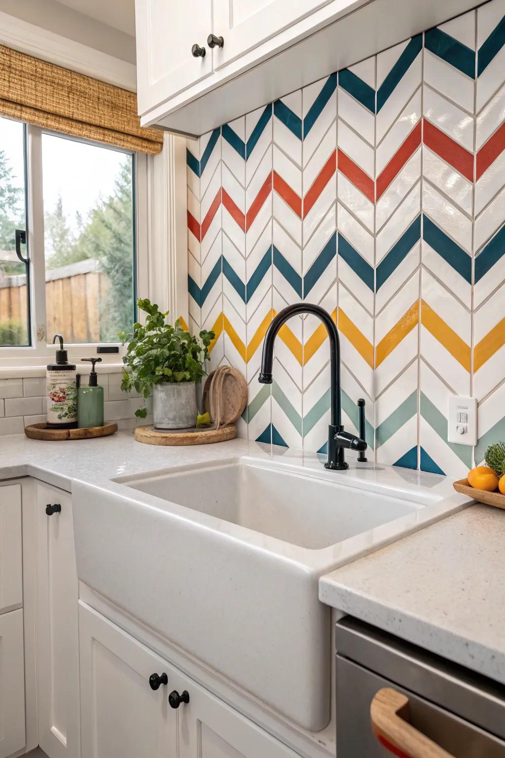 Spirited chevron patterns introduce movement and intrigue to the kitchen.