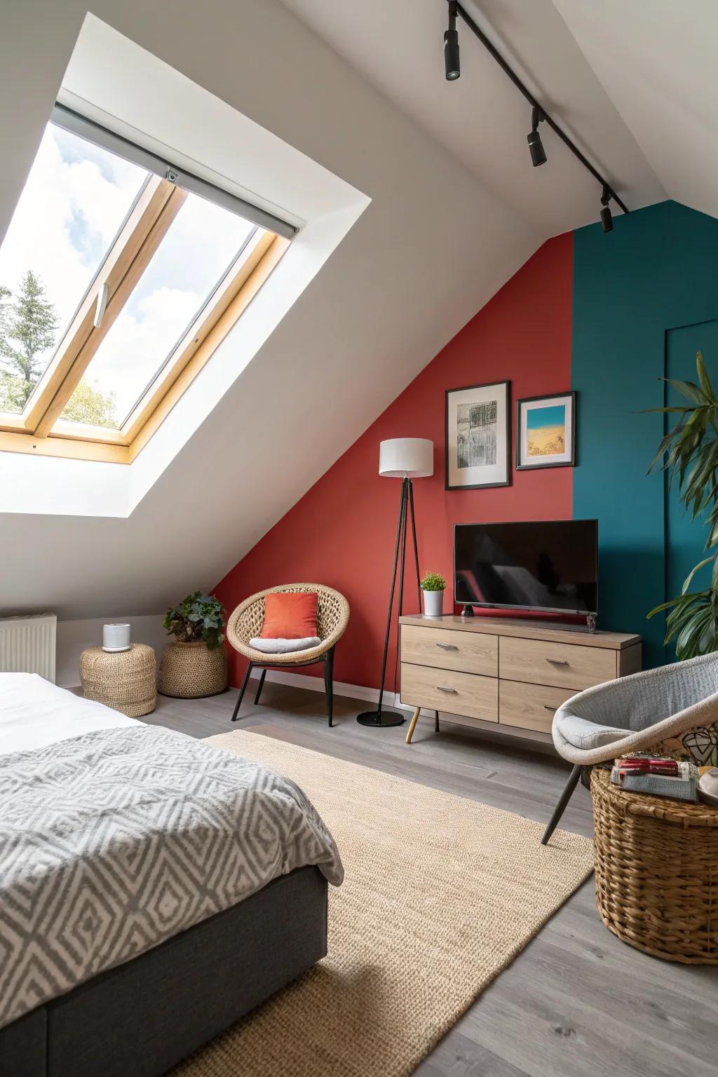 A bold accent wall gives this attic bedroom depth and vibrancy.