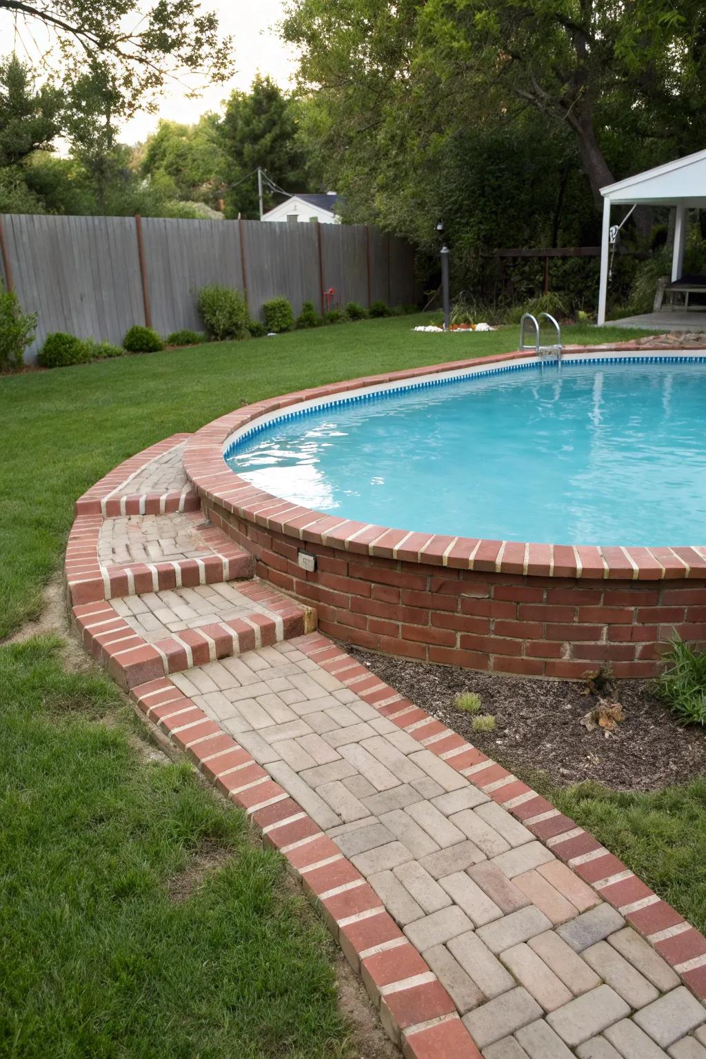 A rustic brick walkway adding charm to the pool area.