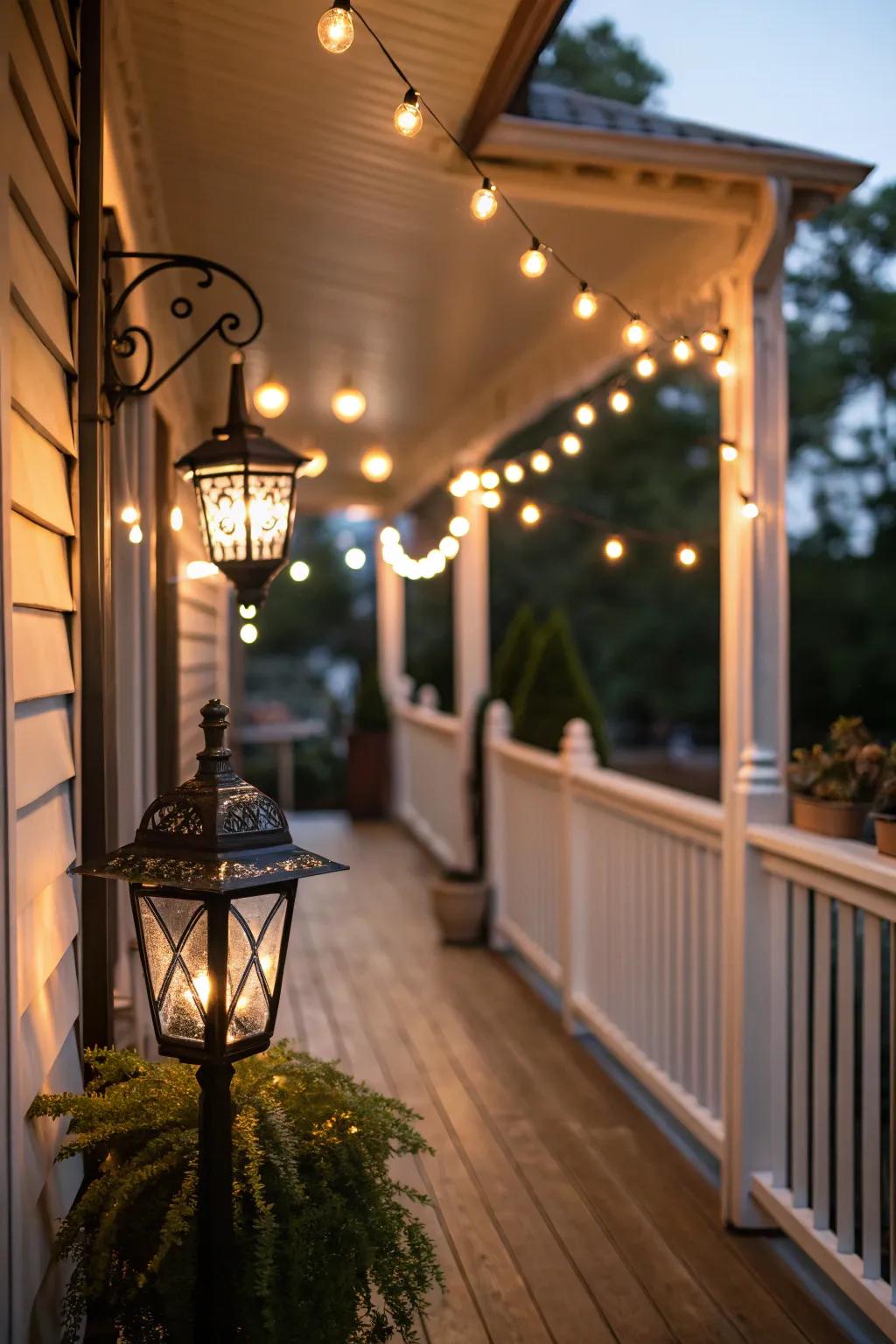 Layered illumination fashions a warm ambiance on a modest porch.
