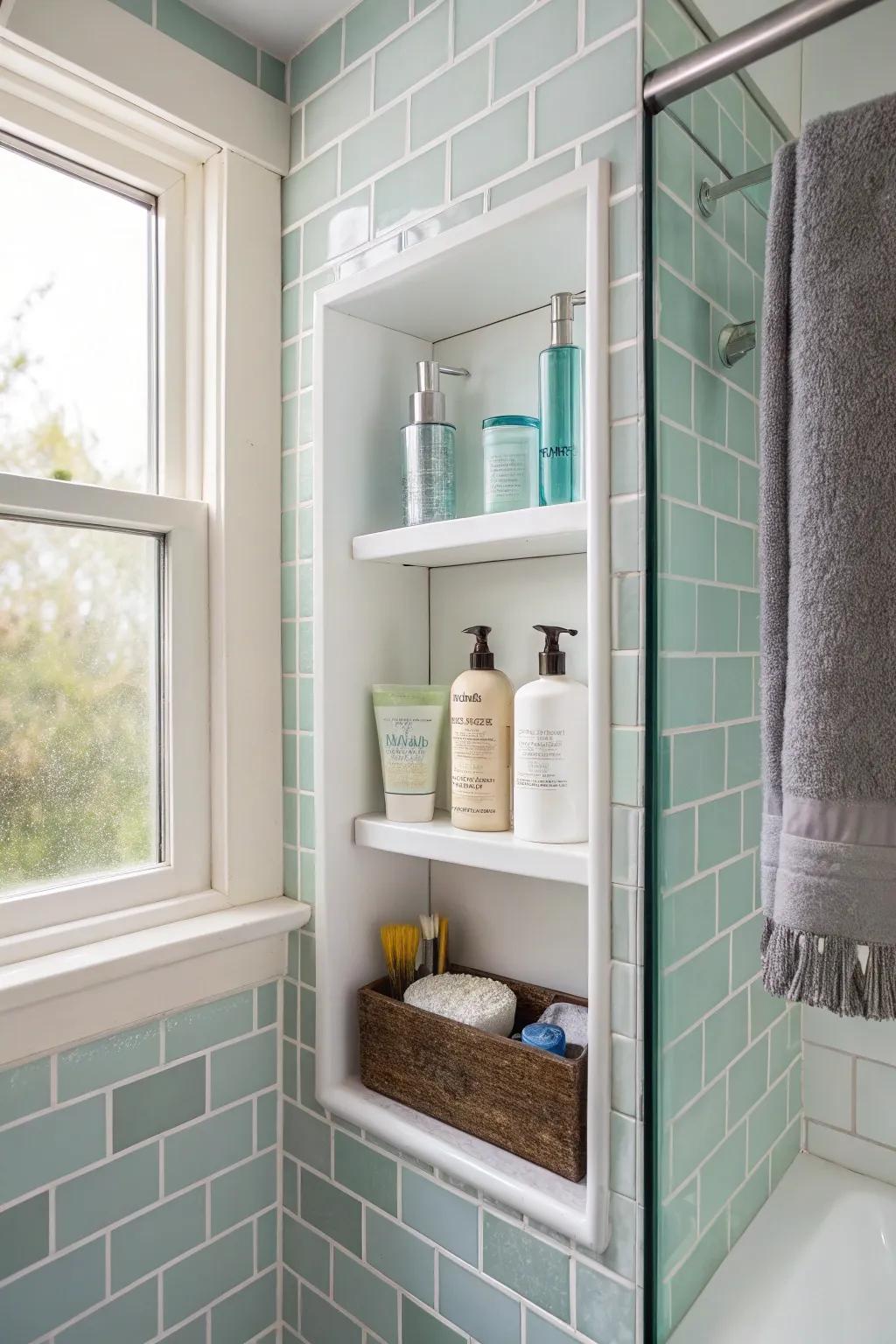 A built-in space provides practical storage in a small bathroom.