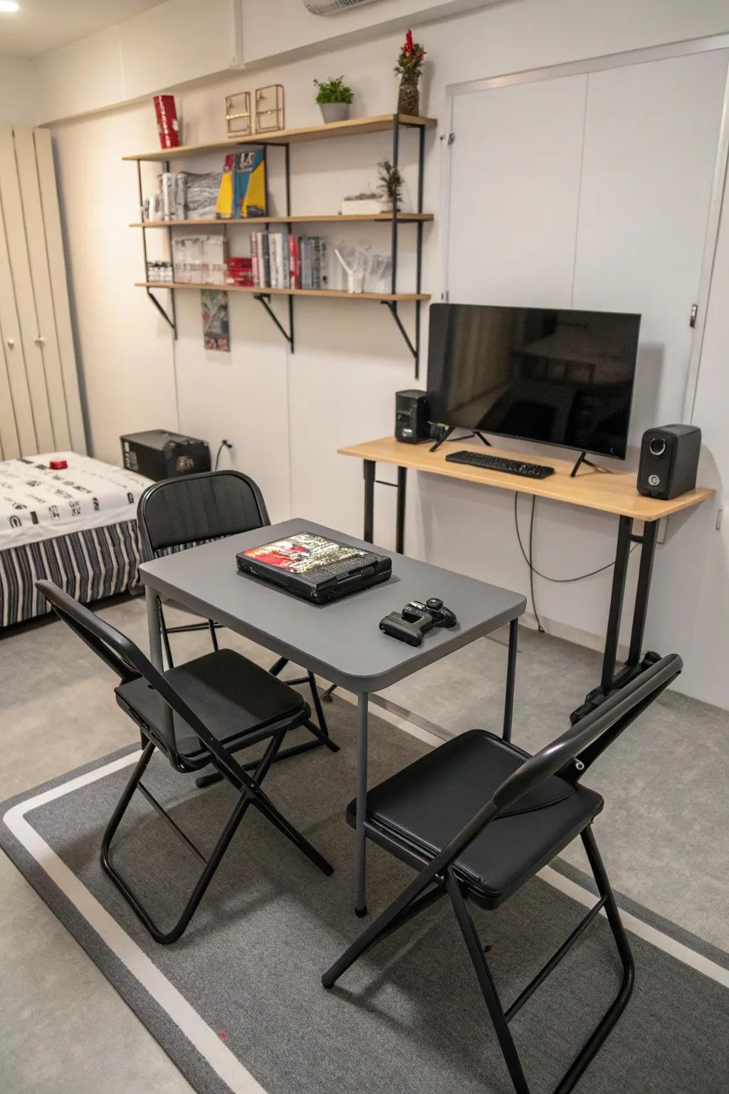Furniture that folds makes a small gaming room flexible.