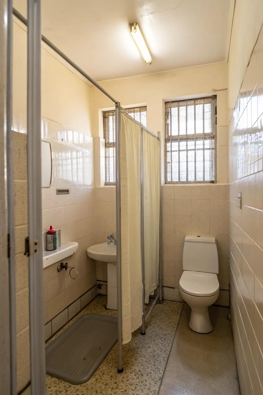 A seamless flow in a small bathroom using translucent dividers.