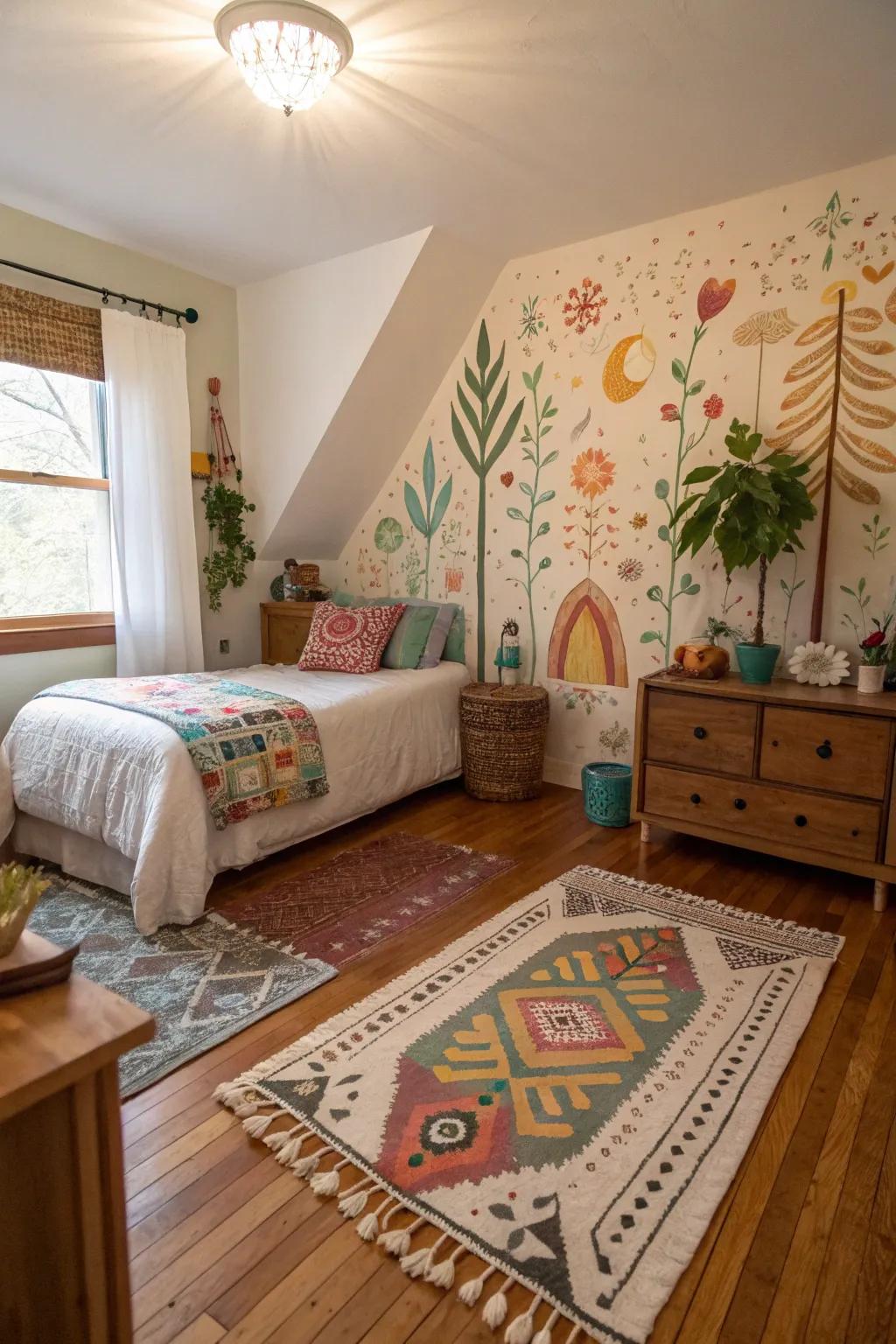 A DIY element like a hand-painted mural adds a personal touch to this boho bedroom