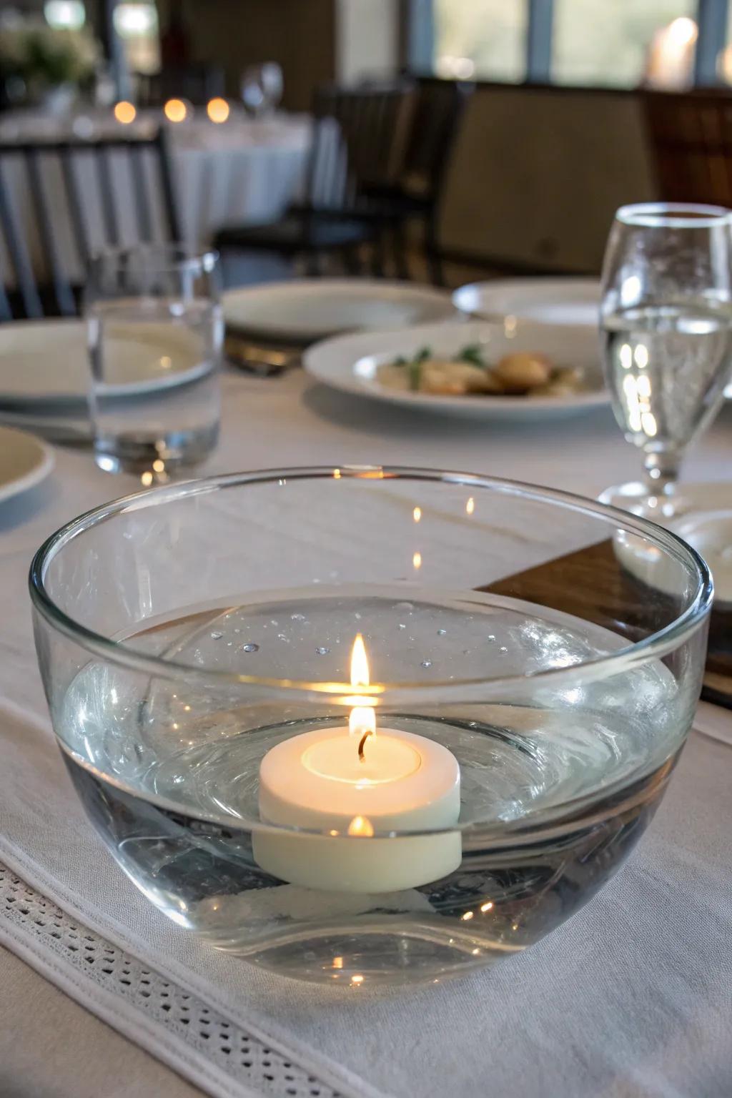 A drifting candle centerpiece leads to a sophisticated and serene ambiance.