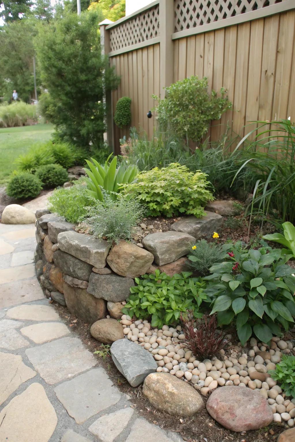 A mini rock wall adding dimension to this corner garden.