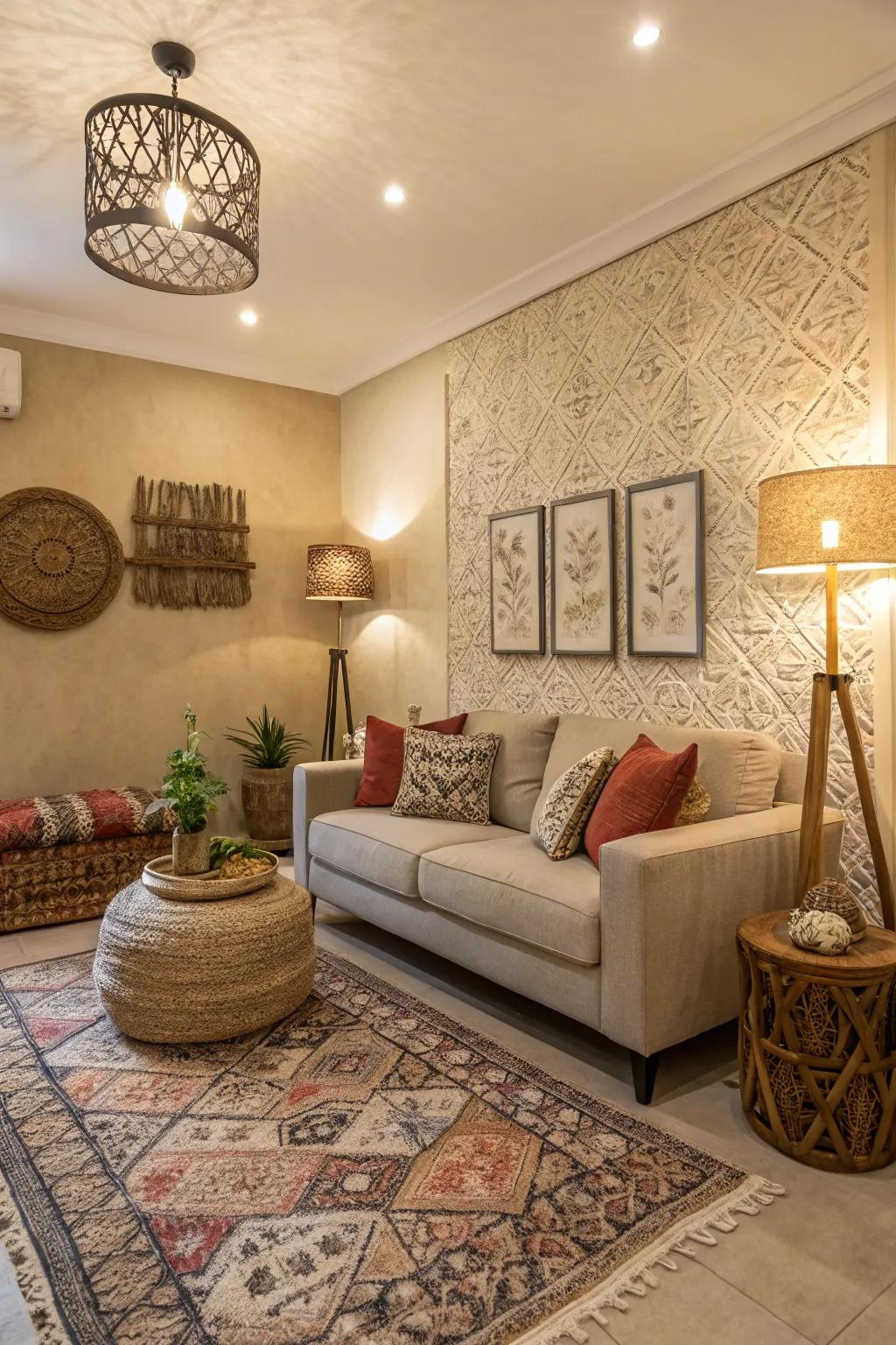 A snug parlor showcasing matted walls for a textured impression.