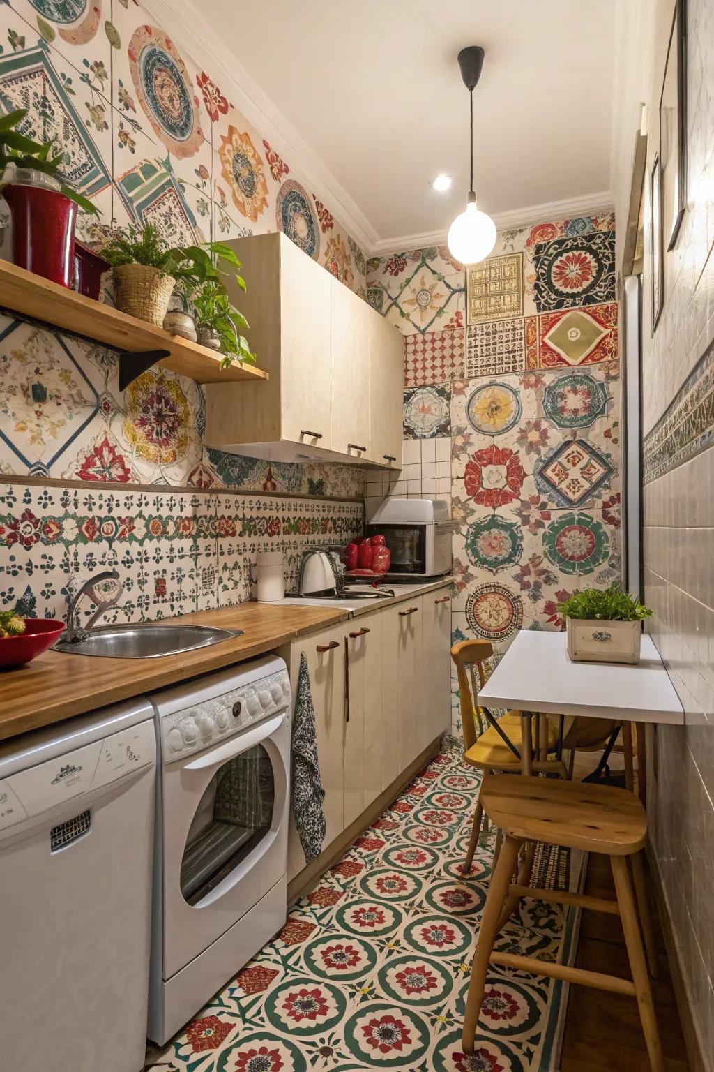 Daring patterns inject personality into petite kitchens.