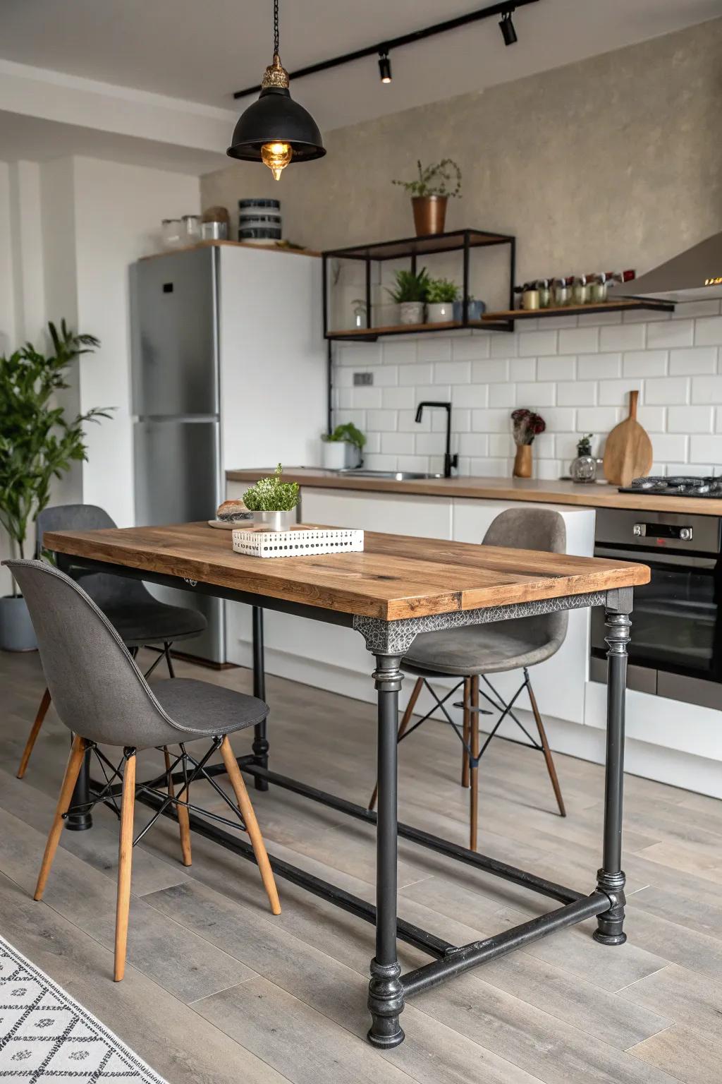 An industrial-styled table that adds modern flair to a small kitchen.