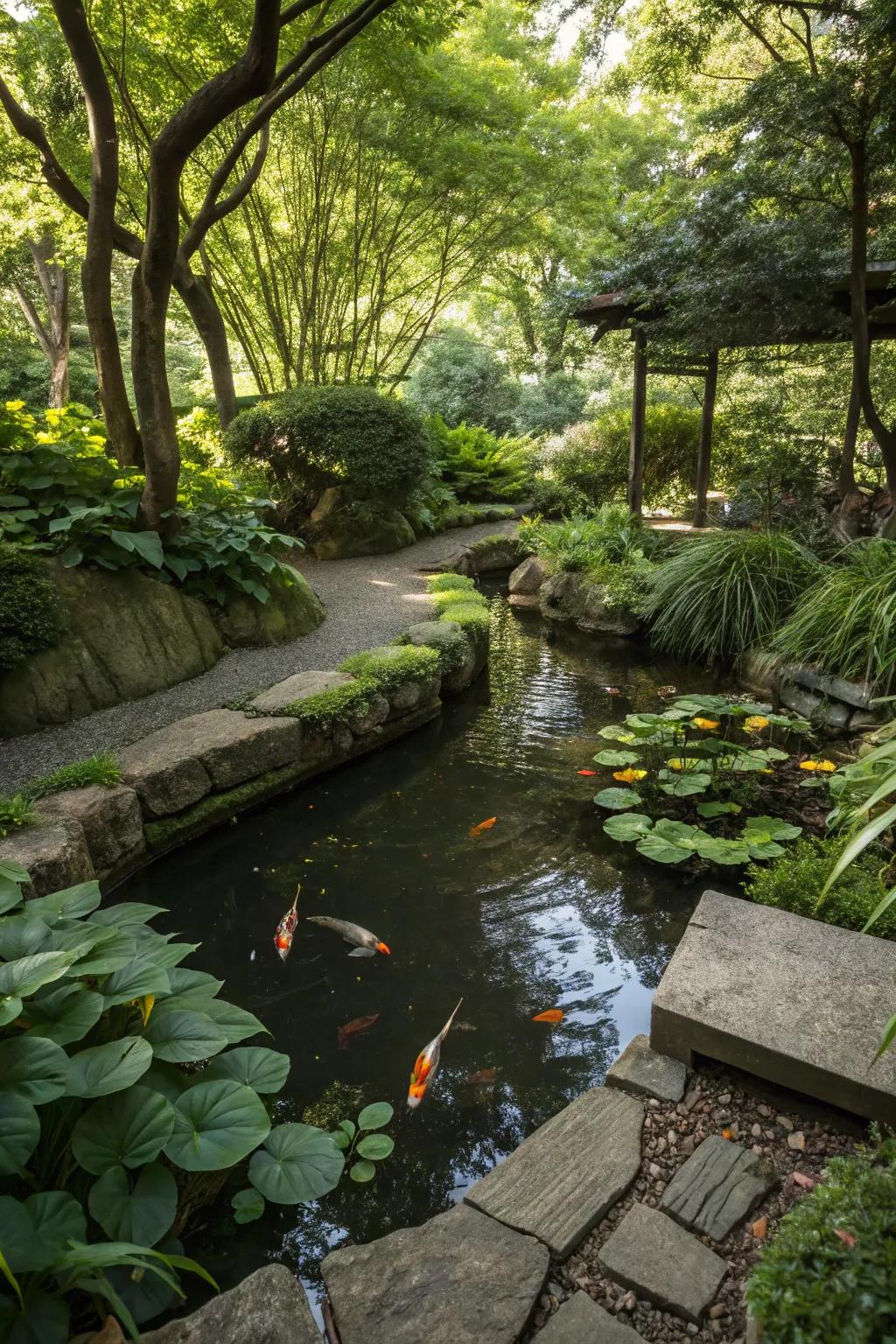 A covered water garden oasis for cooler waters and happier fish.