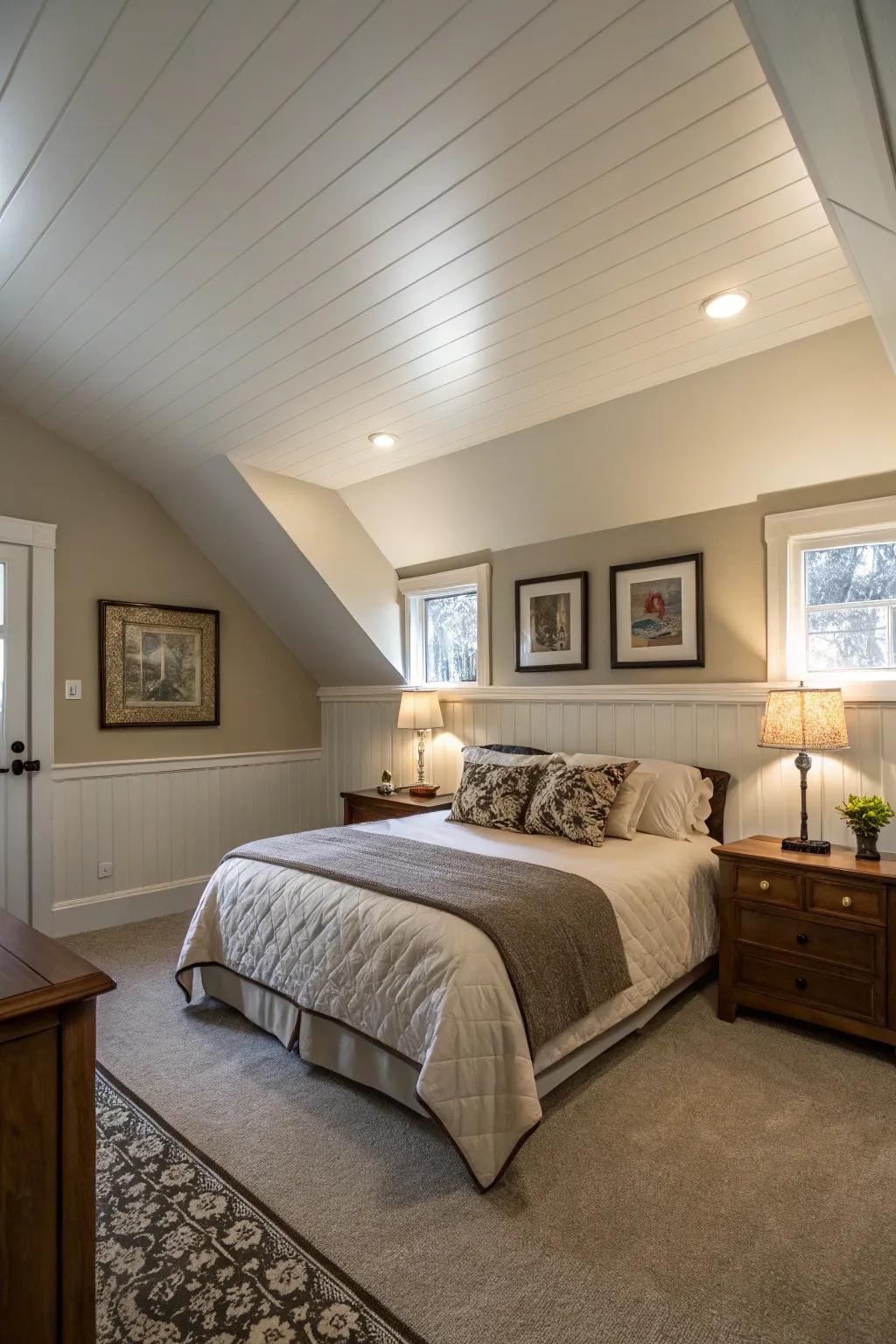 A ceiling painted in a lighter shade imparts a heightened sense of elevation within a compact primary bedroom.