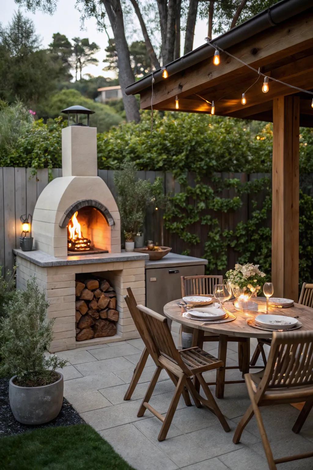 Warmth and ambiance are added by a table fire pit.