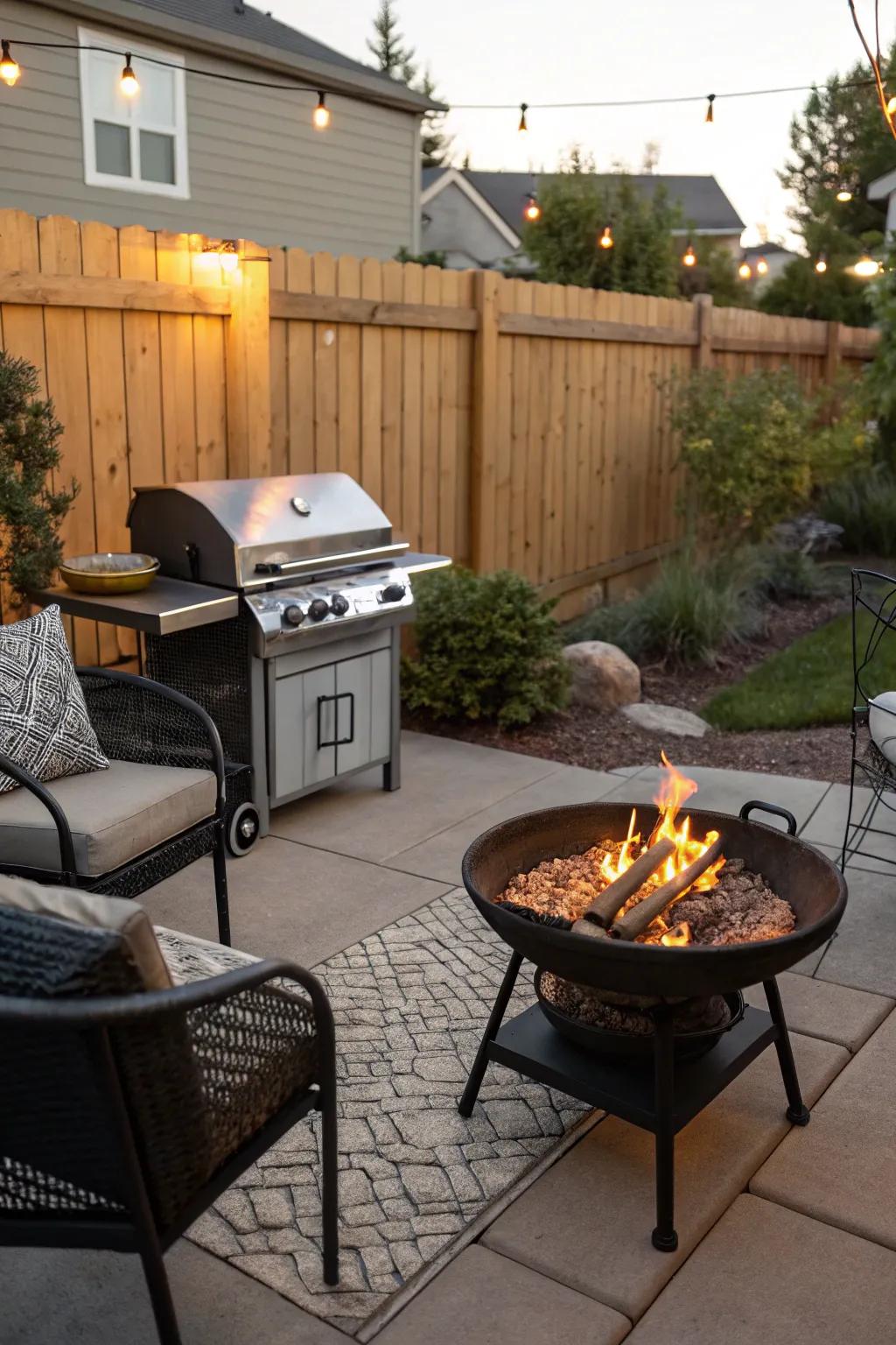 Moveable firepits add warmth and versatility.