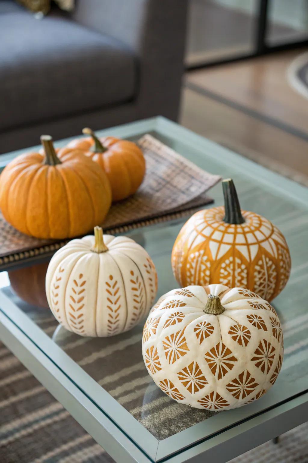 Pumpkins with prints offer complex, sophisticated patterns.