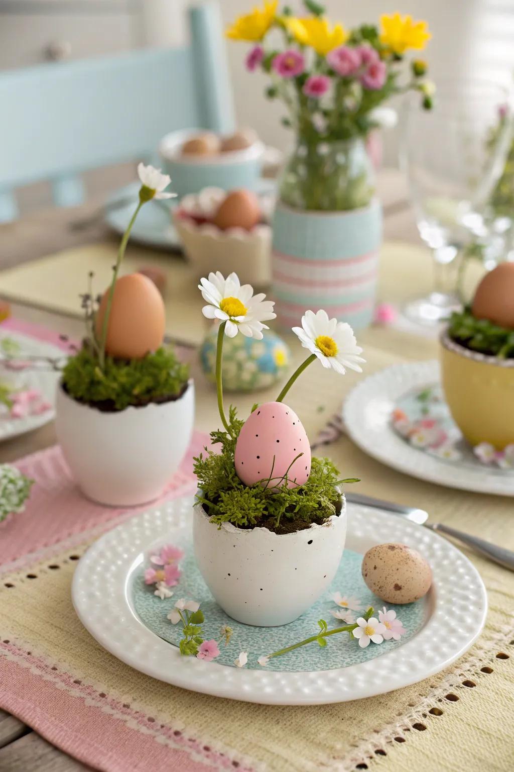 Eggshells make adorable mini vessels for a playful table setting.