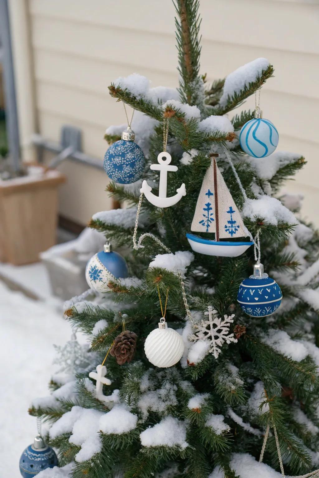 A marine theme for an unexpected and refreshing snowy Christmas tree.