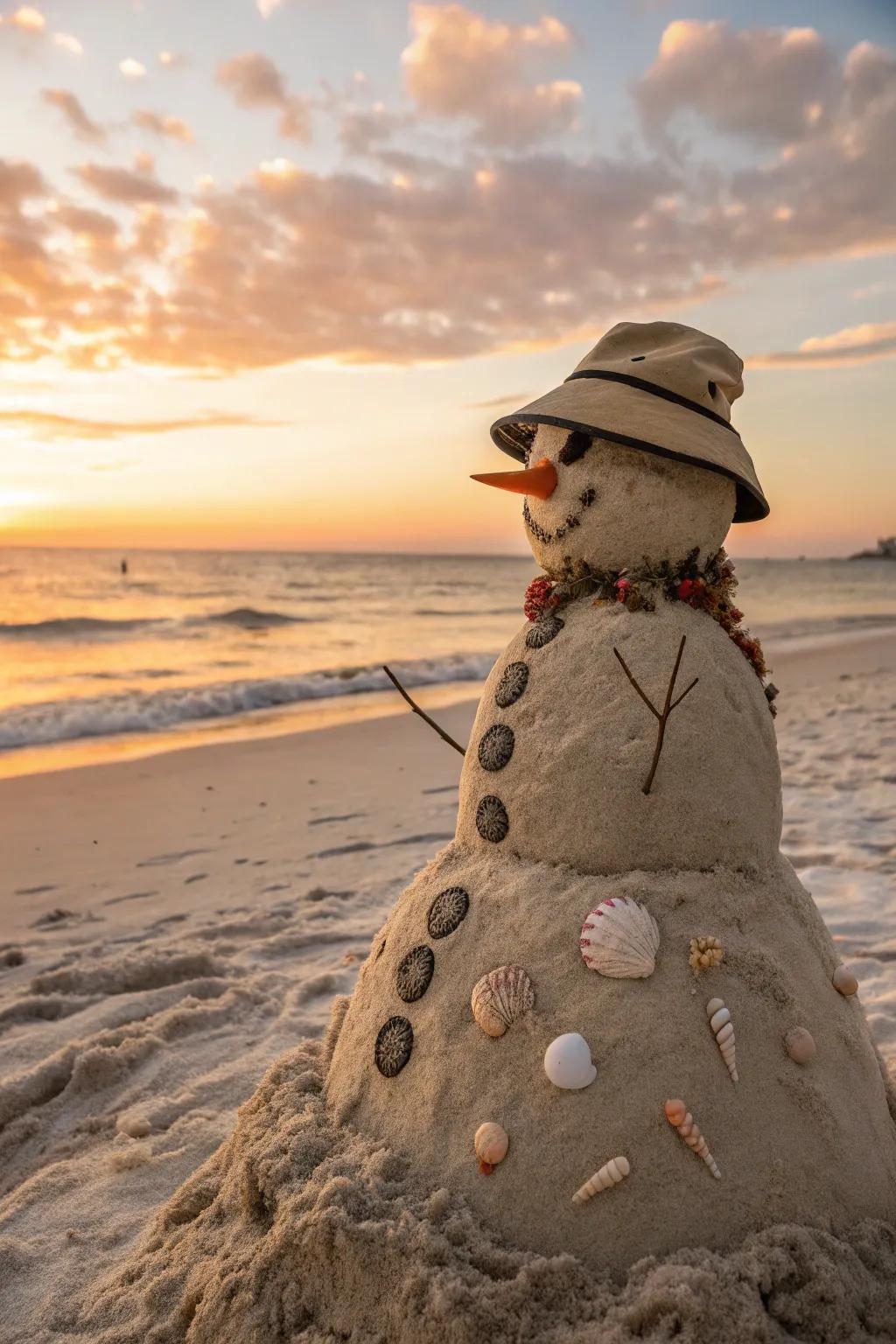 A sandcastle Frosty blending shoreline vibes with winter sentiment.