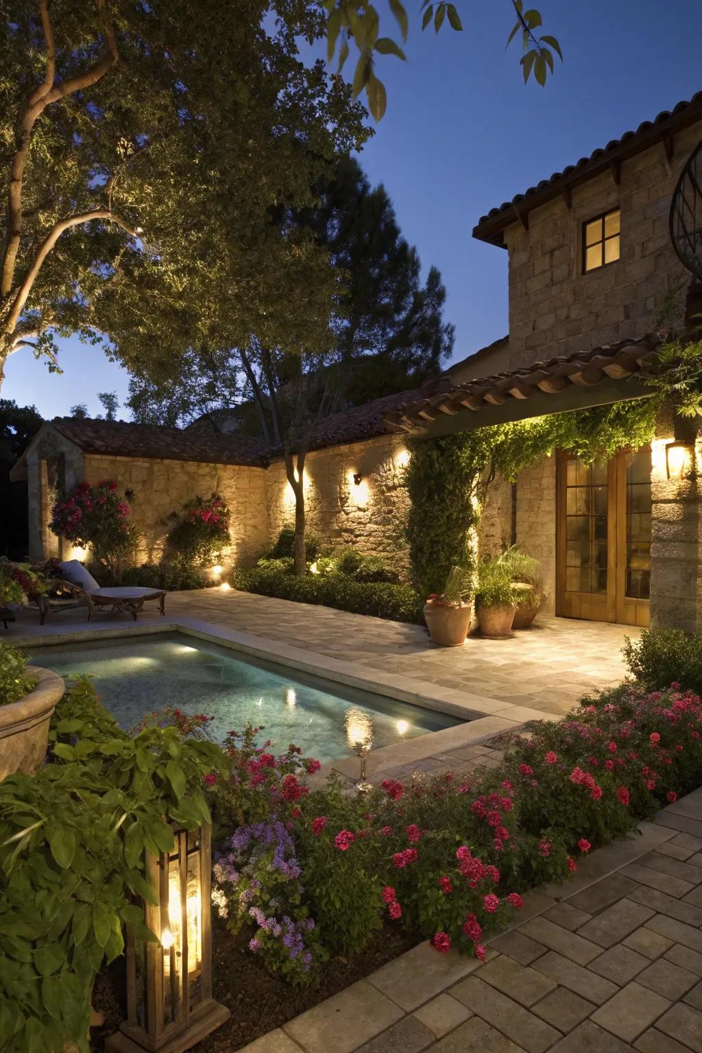 Concealed lighting fashions a magical ambiance in this Spanish-inspired garden at night.