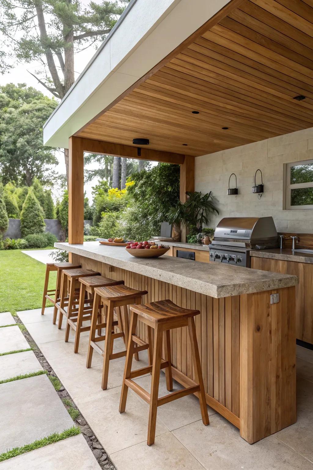 A cozy bar area with stools encourages relaxation and socializing in this open-air cooking area.