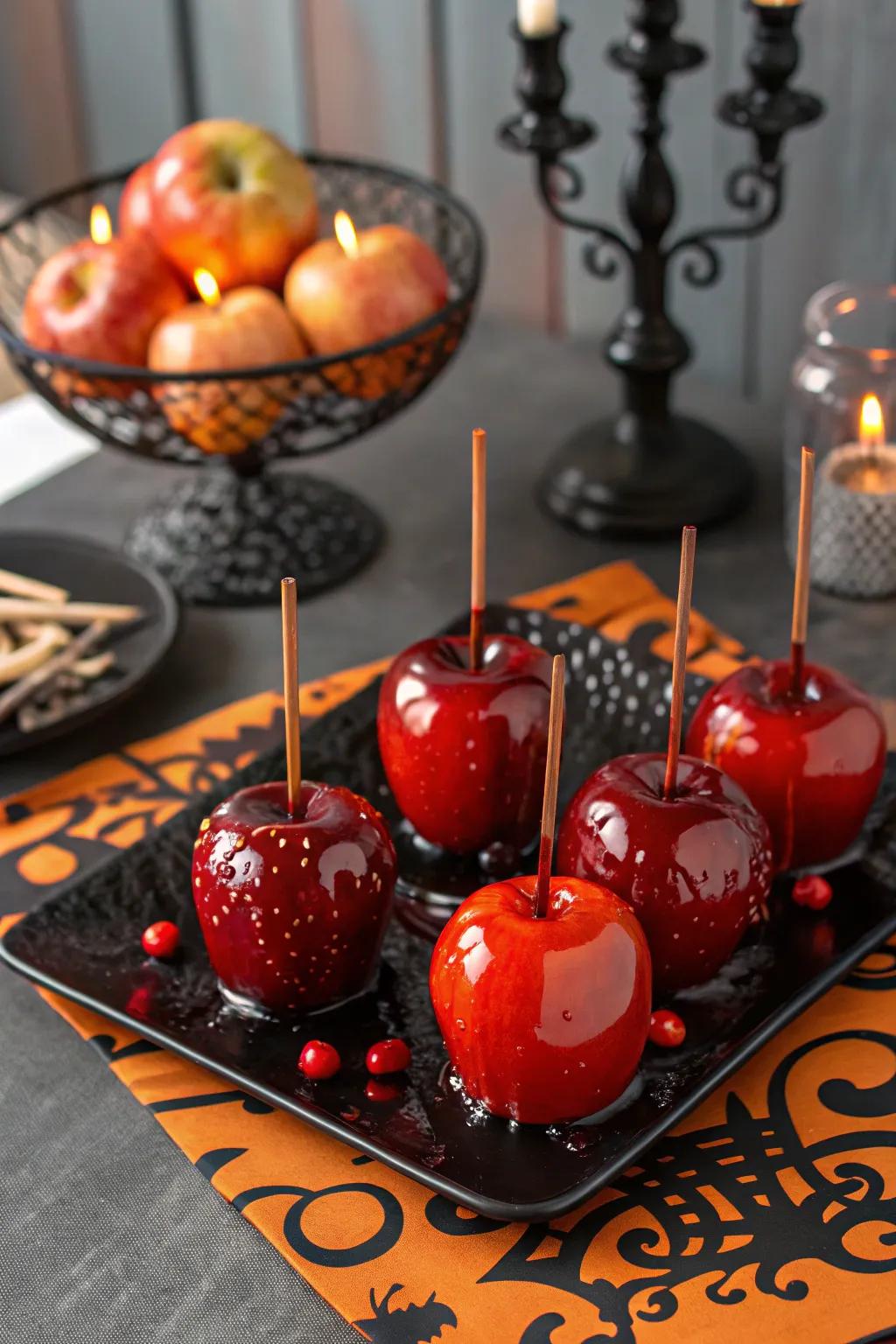 Crimson blood apples poised to thrill your All Hallows' Eve attendees.