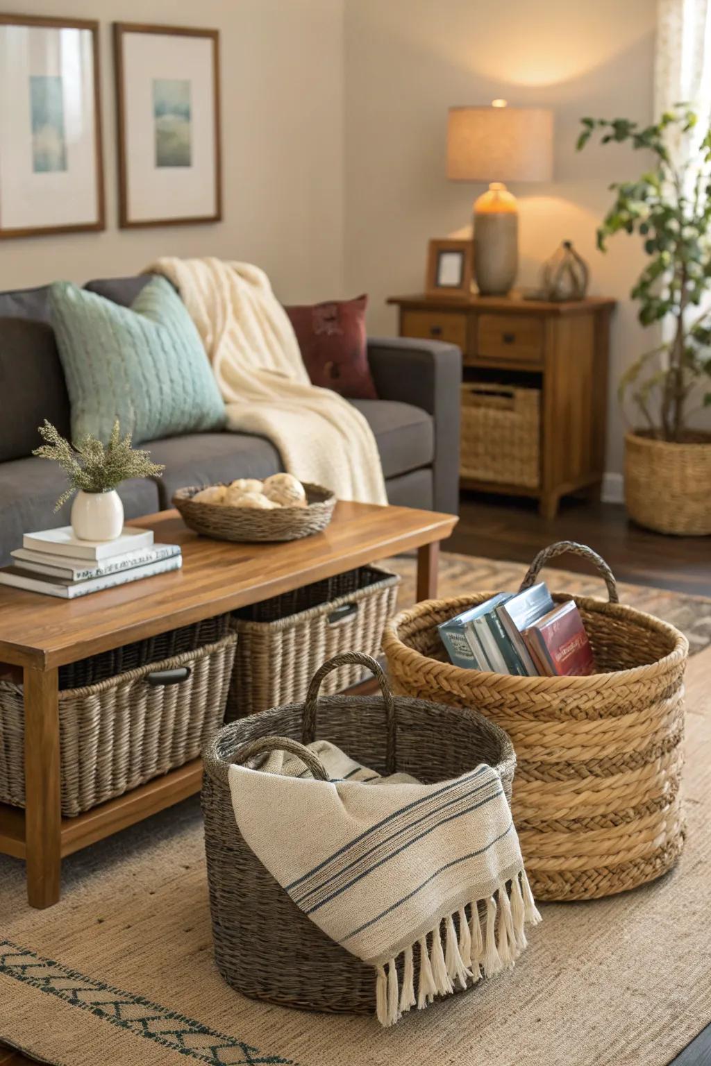 Woven baskets offer chic stowing that enhances spring decor.