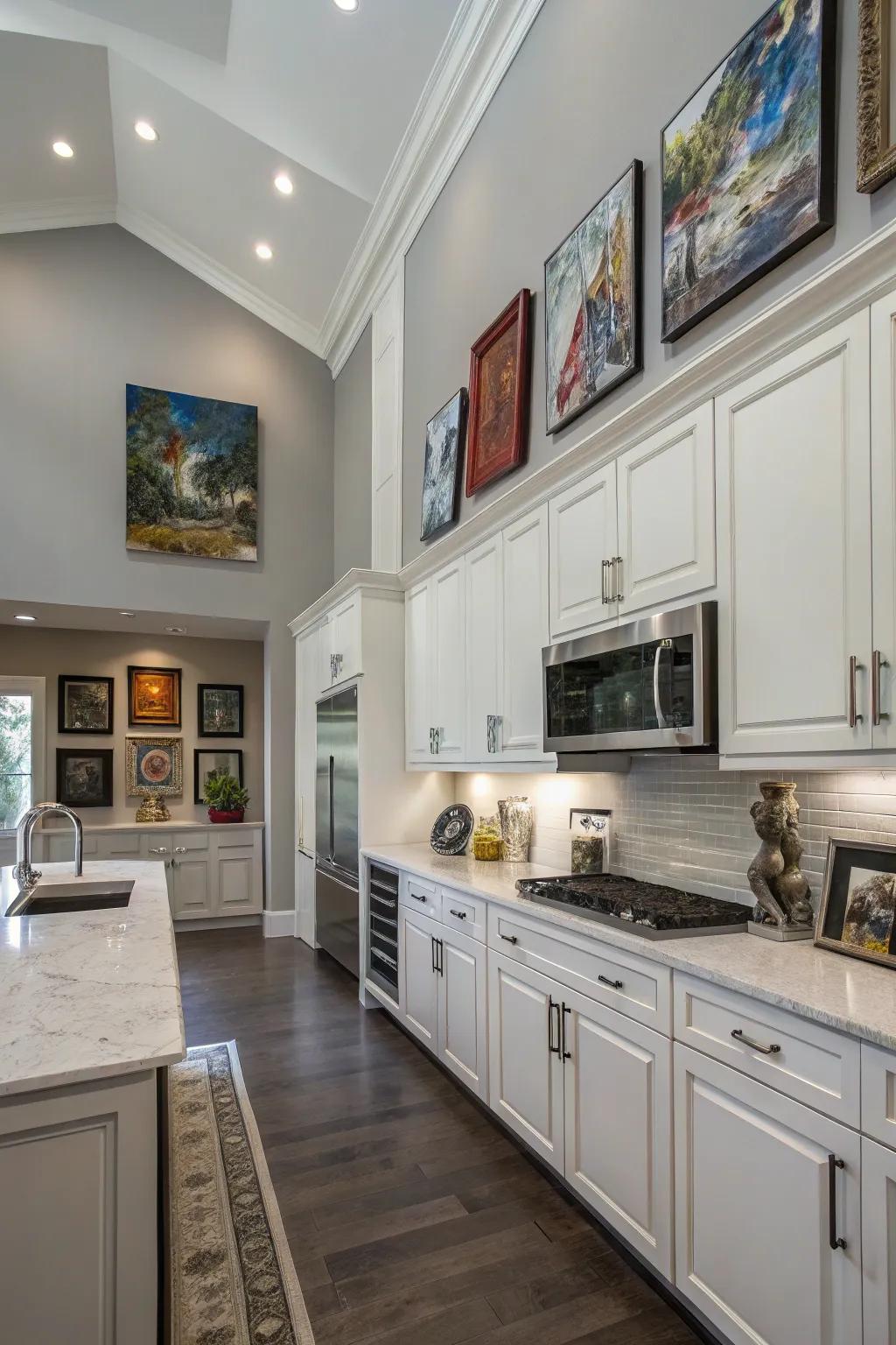 Art above units provides a personal and artistic touch to the kitchen.