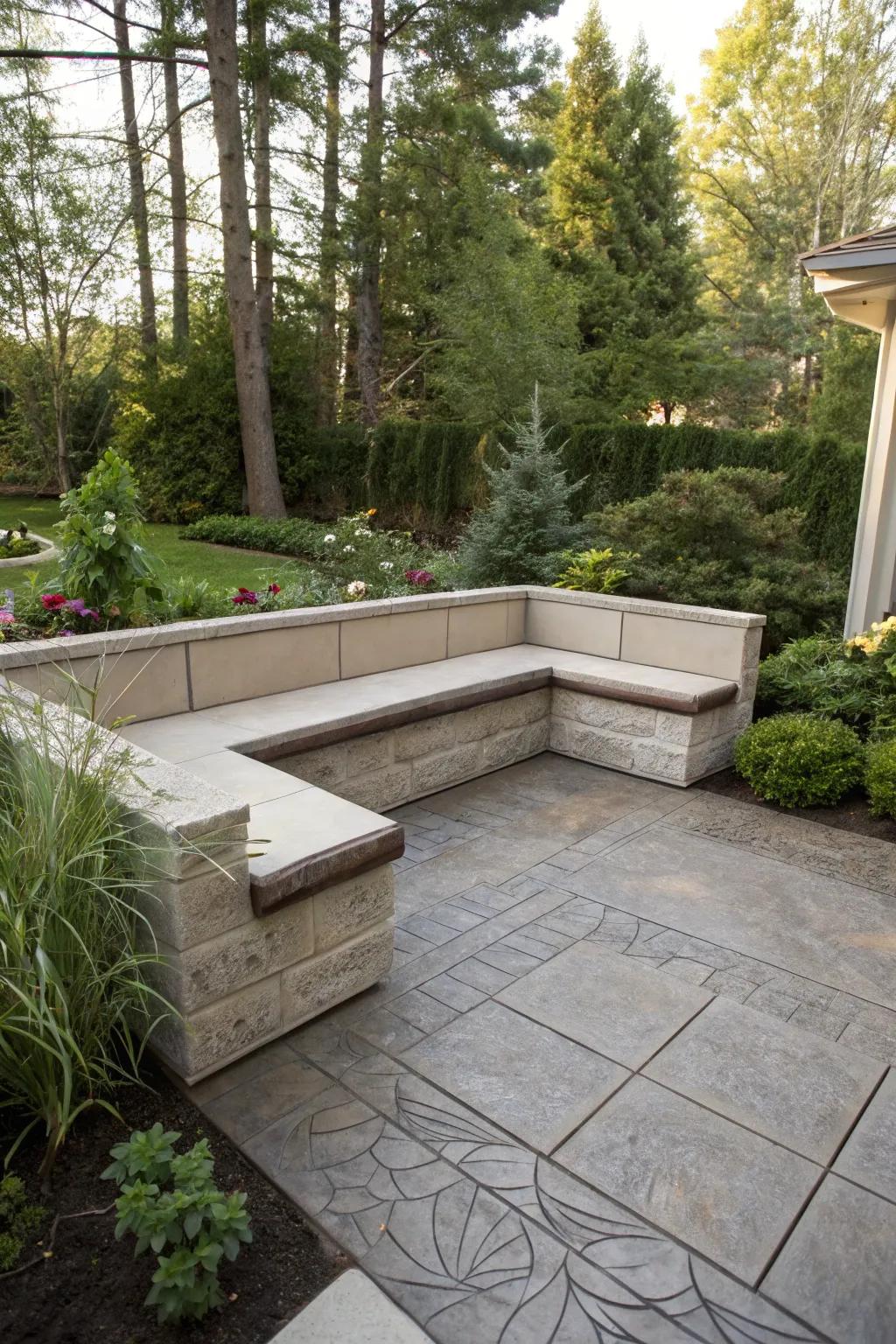 A stamped concrete patio featuring a chic built-in seat.