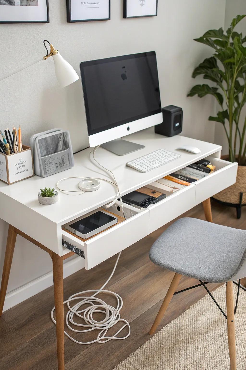 Cord-hiding furniture integrates into your workspace design.
