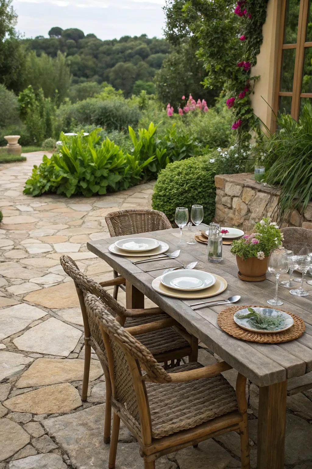 A stone patio set up for delightful open-air eating.