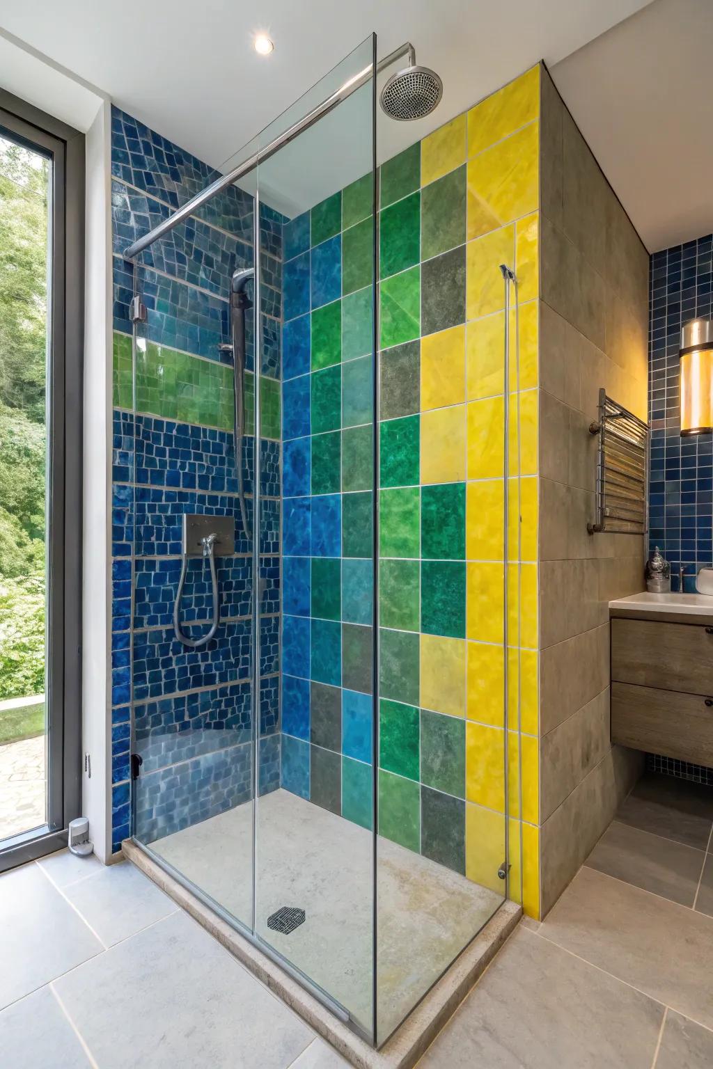 Vivid stones make a striking statement in shower designs.
