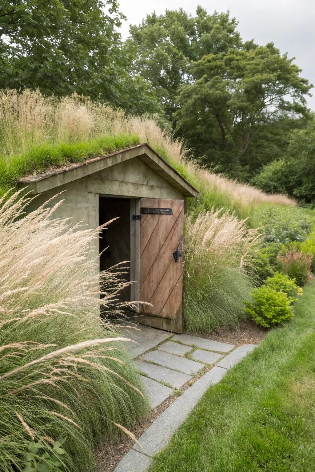 Native grasses deliver movement and eco-friendly beauty around the shelter.