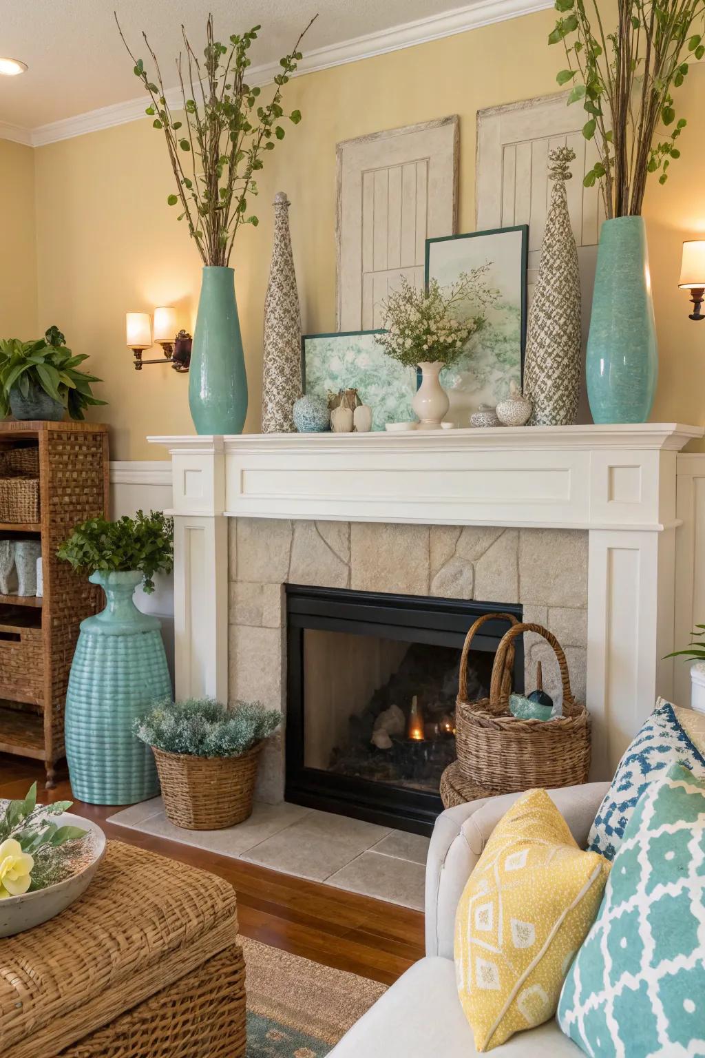Playing with proportions creates a dynamic and interesting mantel display.
